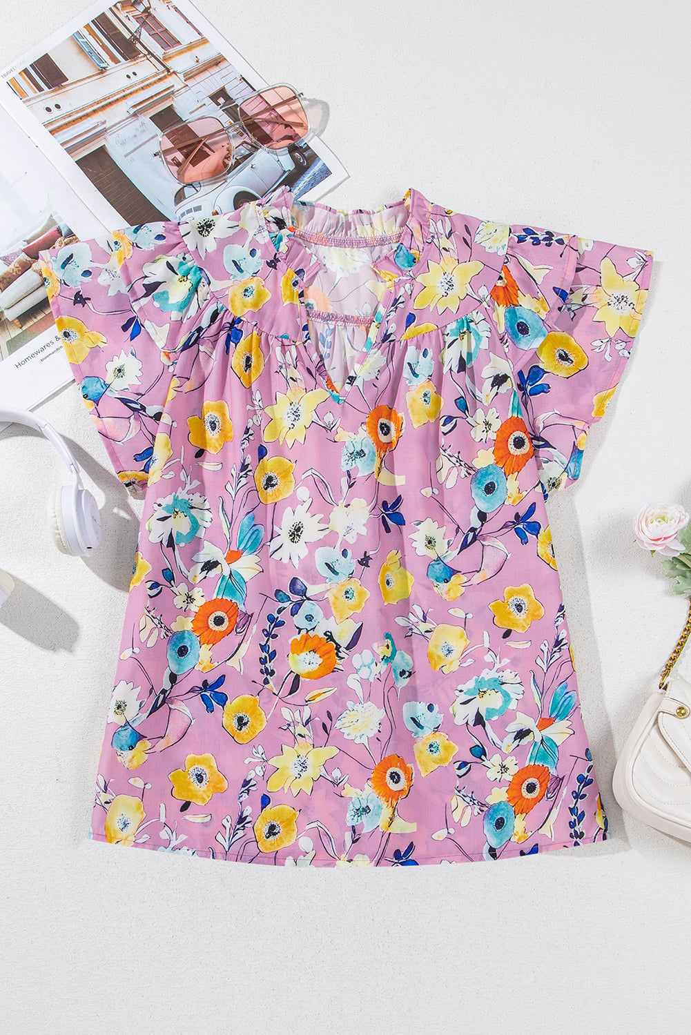 Flutter Sleeve V-Neck Floral Top