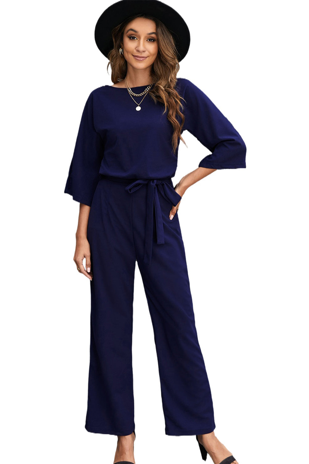 Women's Leg Jumpsuit Featuring Bracelet-Length Sleeve Waist Tie Wide