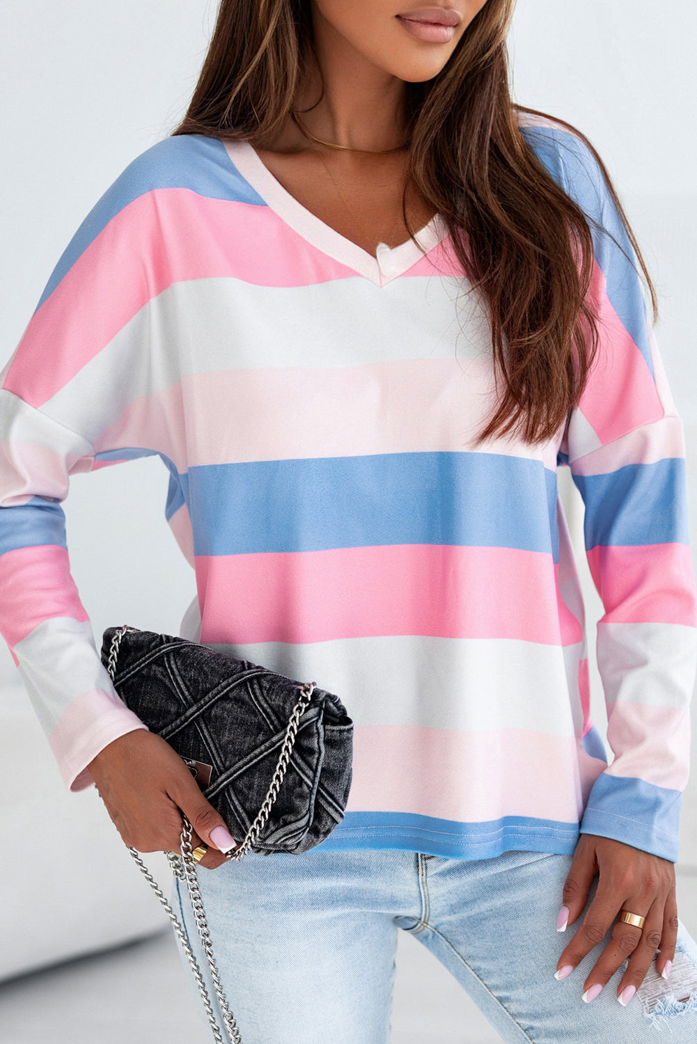 Women's Top with Striped V Neck Long-Sleeve