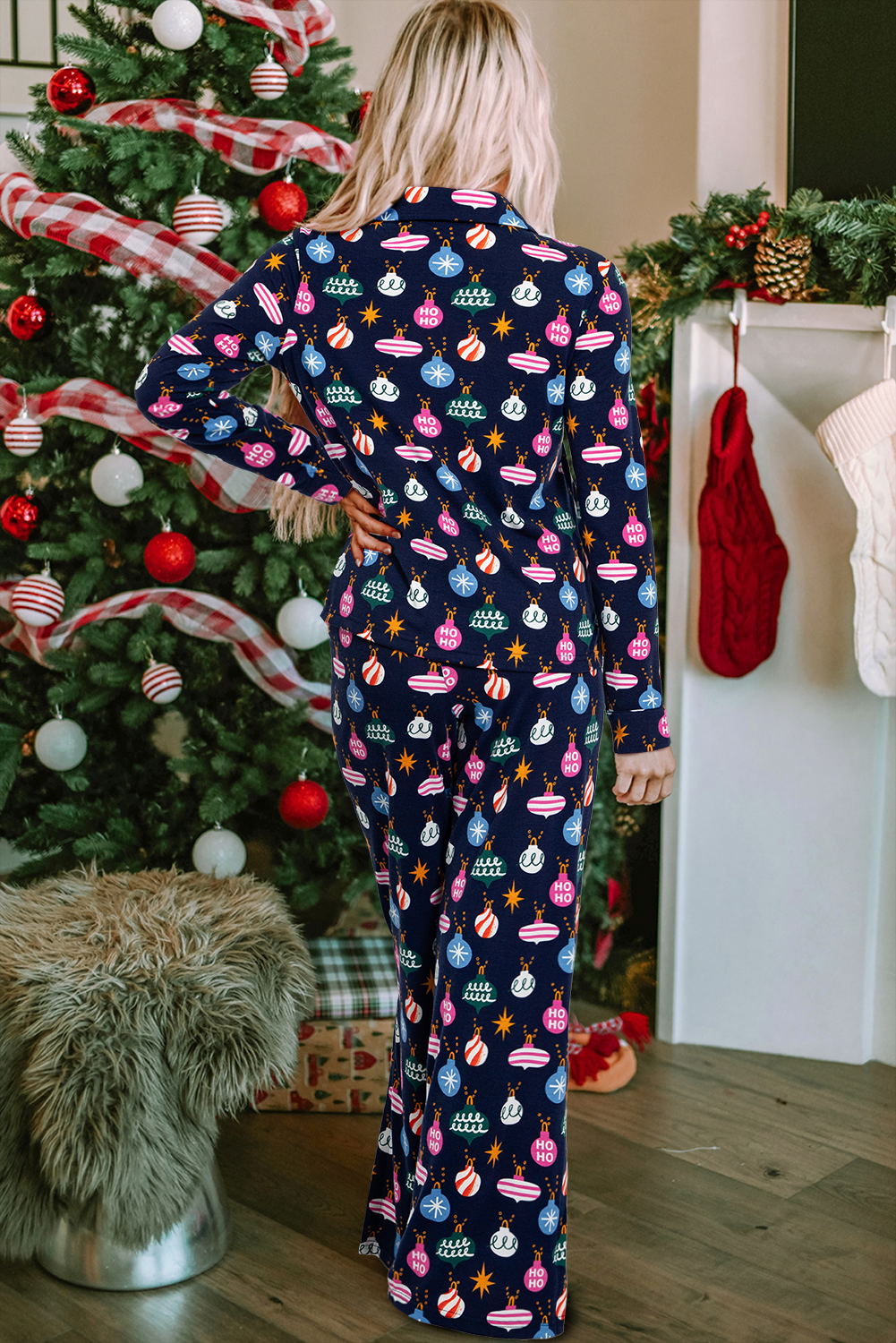 Lights Colorful Christmas Print Shirt and Pants Pajama Set