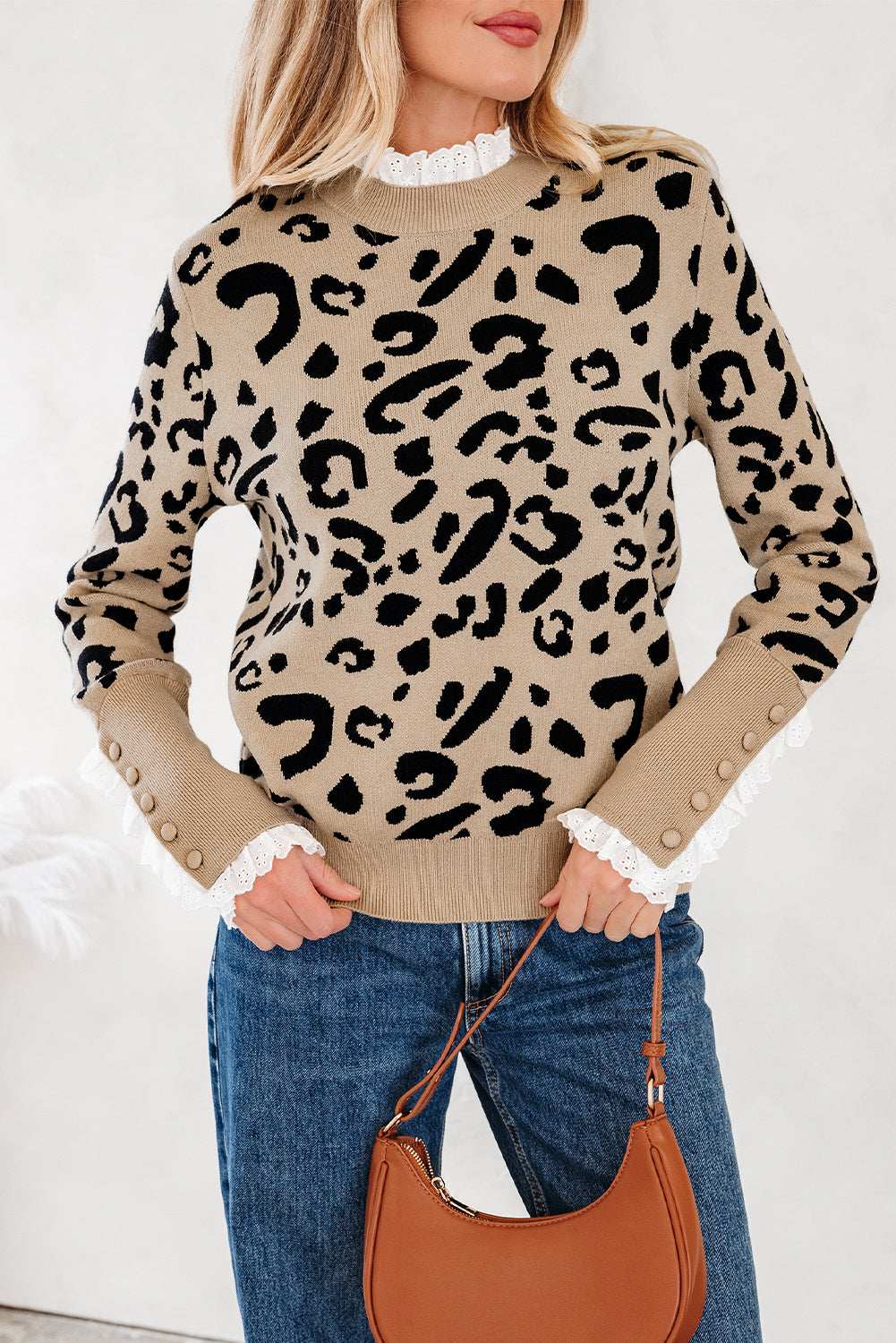 Pattern Lace Leopard Lace Rib-Knit Detail Button Cuffed Knit Top