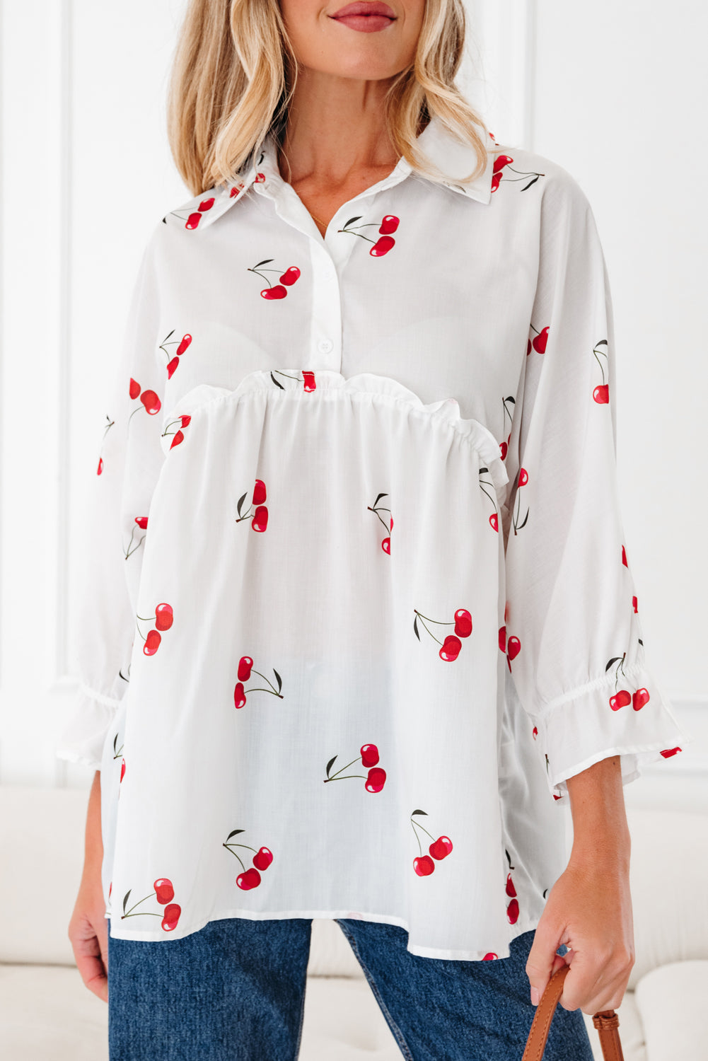 Print Flounce Cherry Flounce Sleeve Collared Frilled Babydoll Blouse
