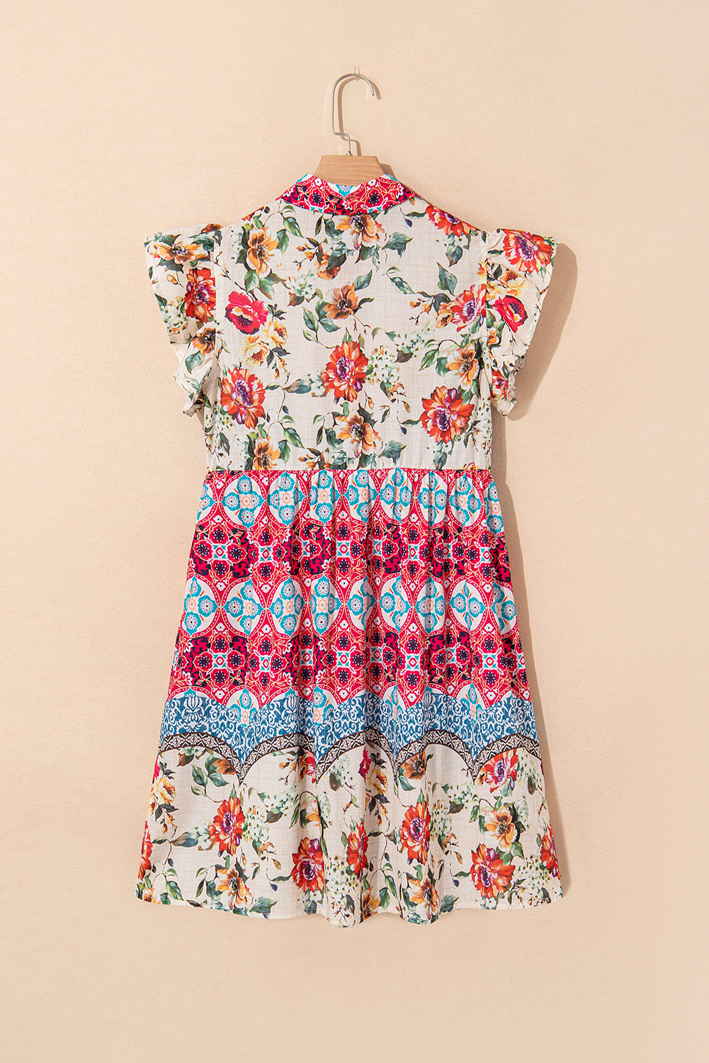 Pattern Floral Mixed Ruffle Flutter Sleeve Button-Front Dress
