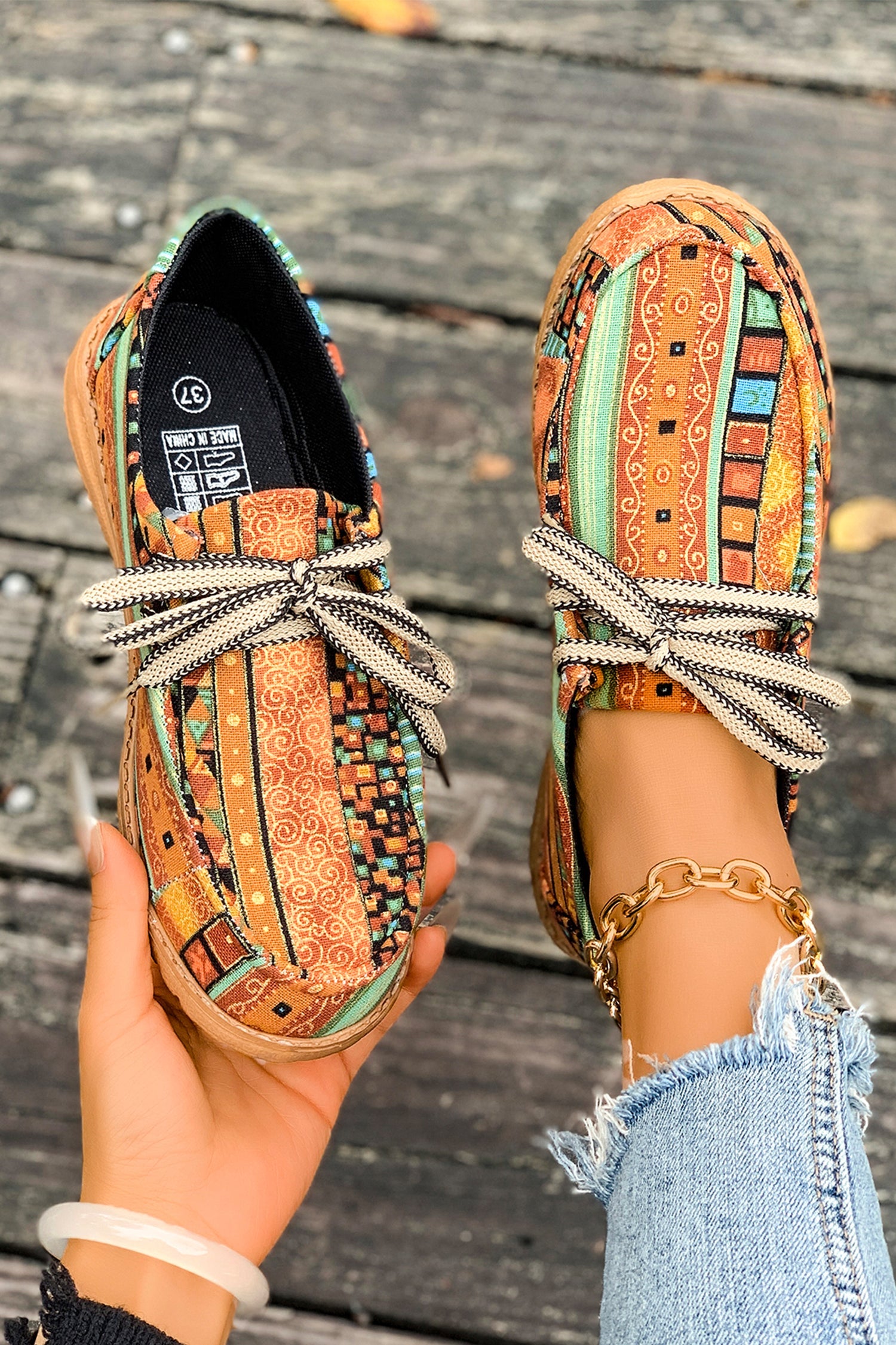 Artistic Print Ethnic Print Lace-up Detail Comfort Loafer Shoes