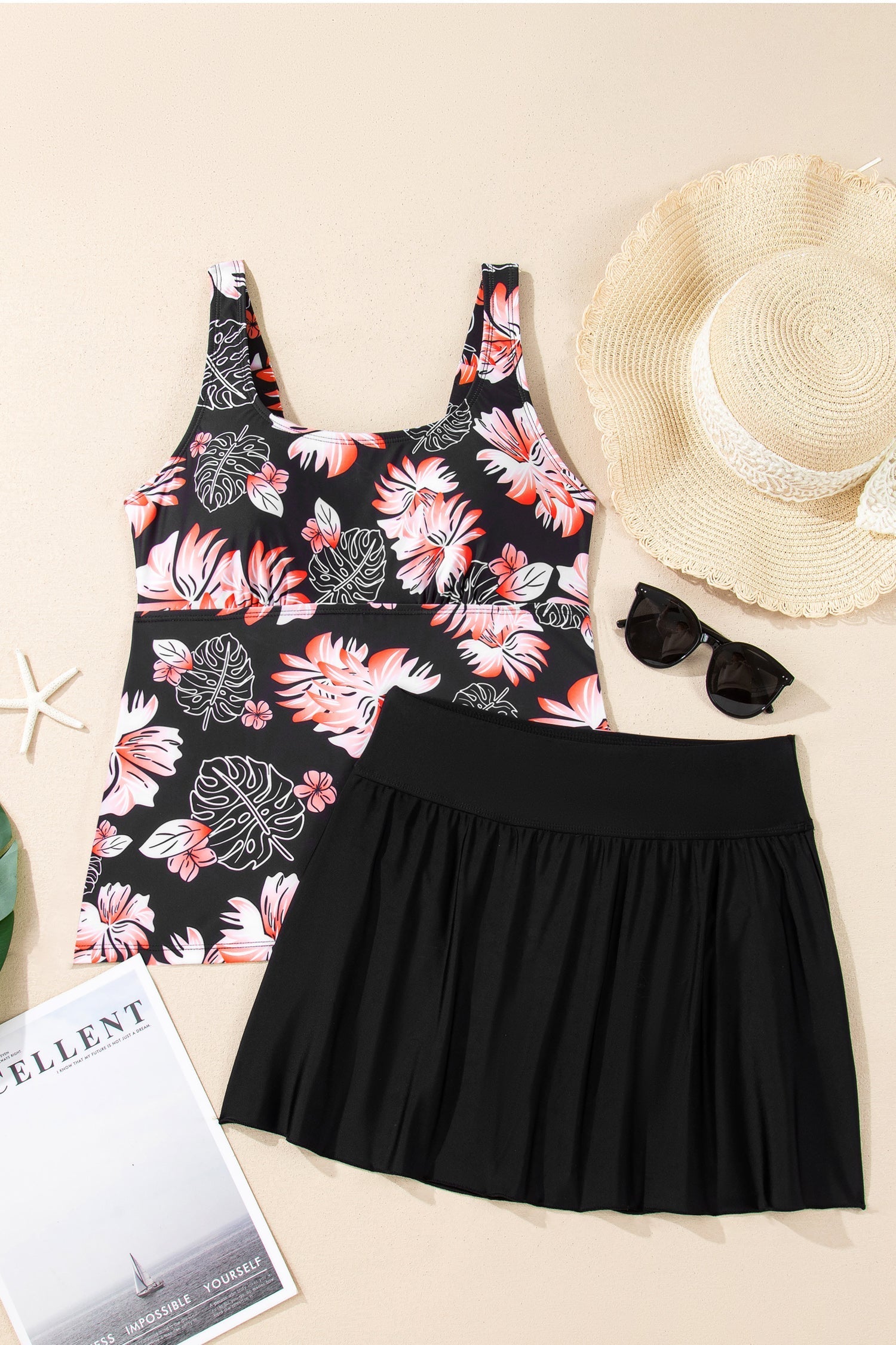 Scoop Neck Adjustable Tankini and Matching Skort Bathing Suit in Black