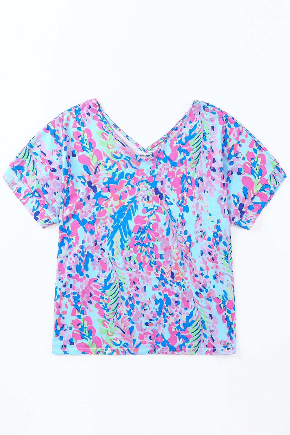 Women's Sky Blue Loose Painted Floral-Print Tee