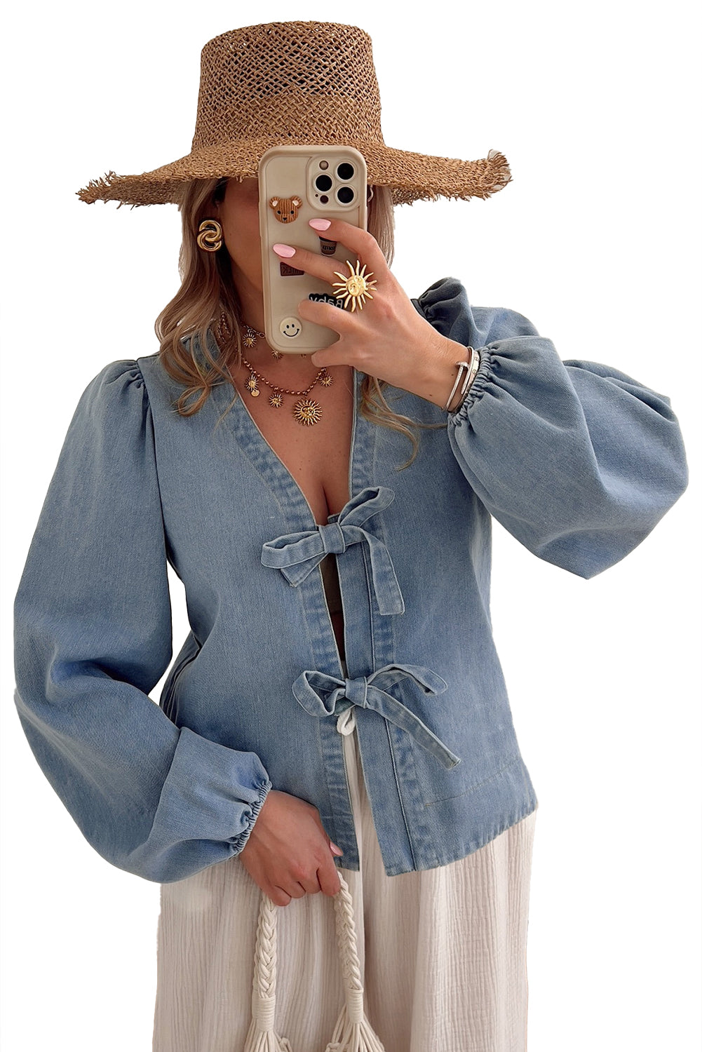 Tied Puff Front Long Sleeve Denim Top