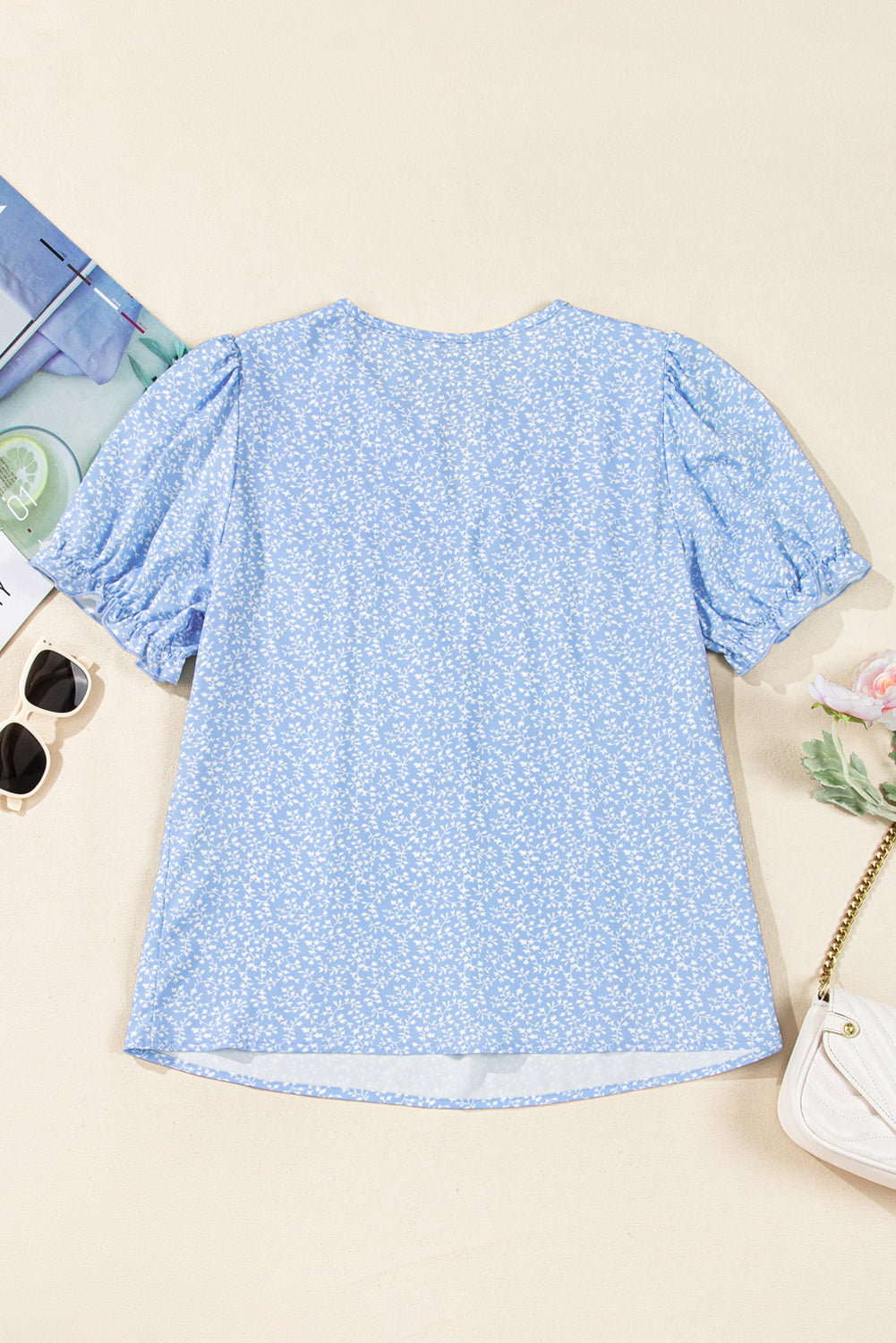 Sky Blue Floral Embroidered Notched V Neck Blouse