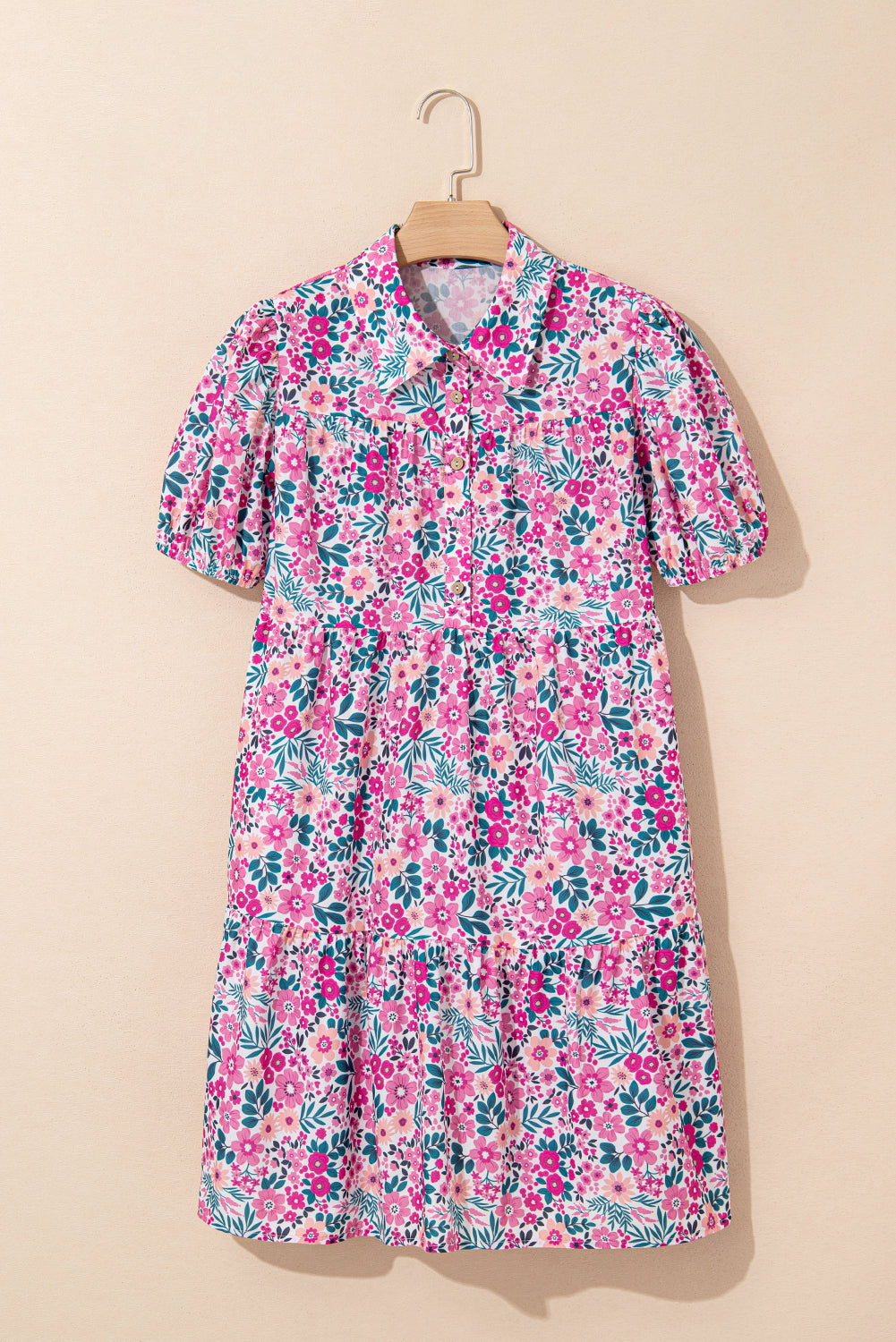 Floral Collared Half Placket Short Sleeve Loose Dress