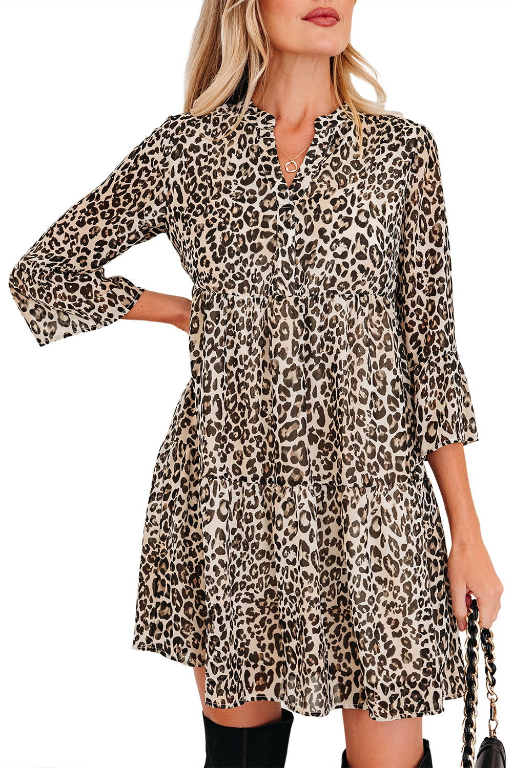 Leopard 3/4 Sleeve V-Neck Swing Dress