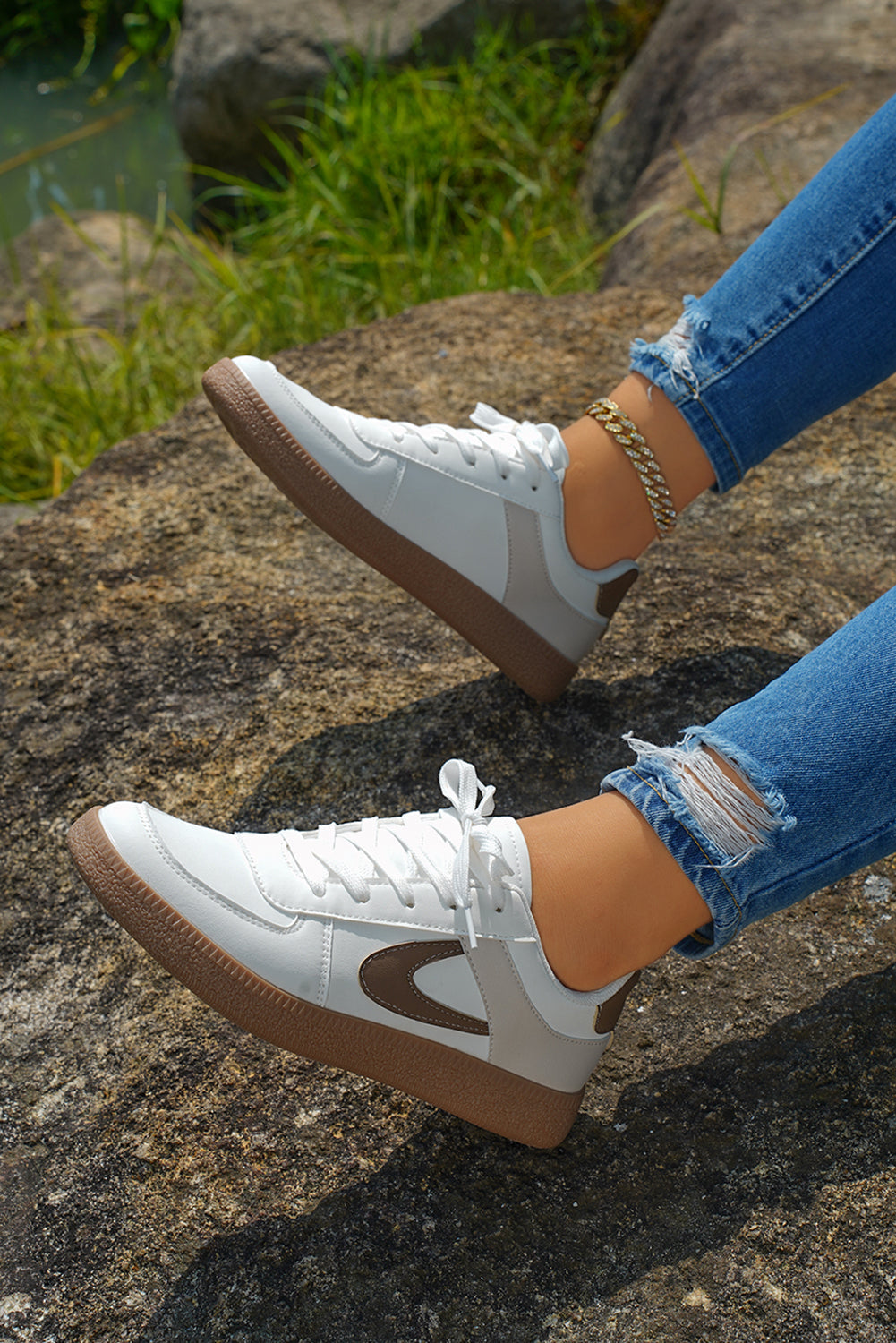 Color Contrast PU Leather Lace-up Sneakers