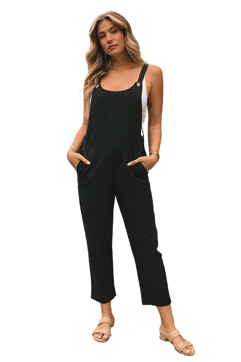 Women's Jumpsuit with Cropped Button Straps Pocket-Detail