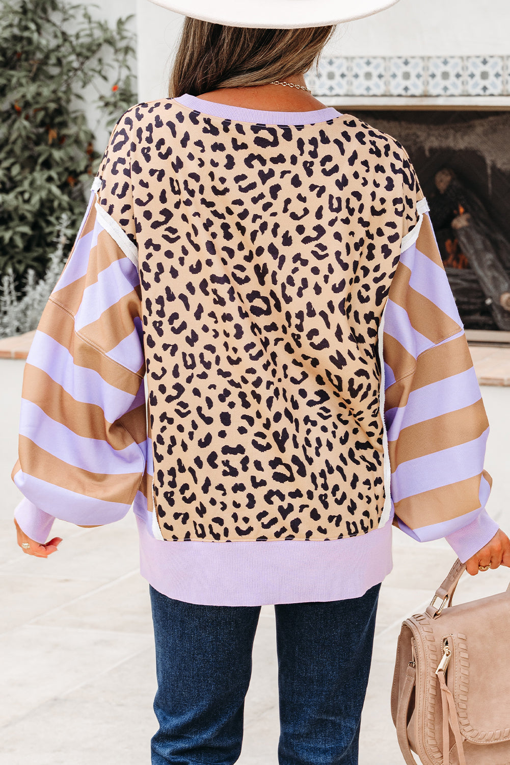 Leopard Colorblock Patchwork Everyday Sweatshirt with Slits