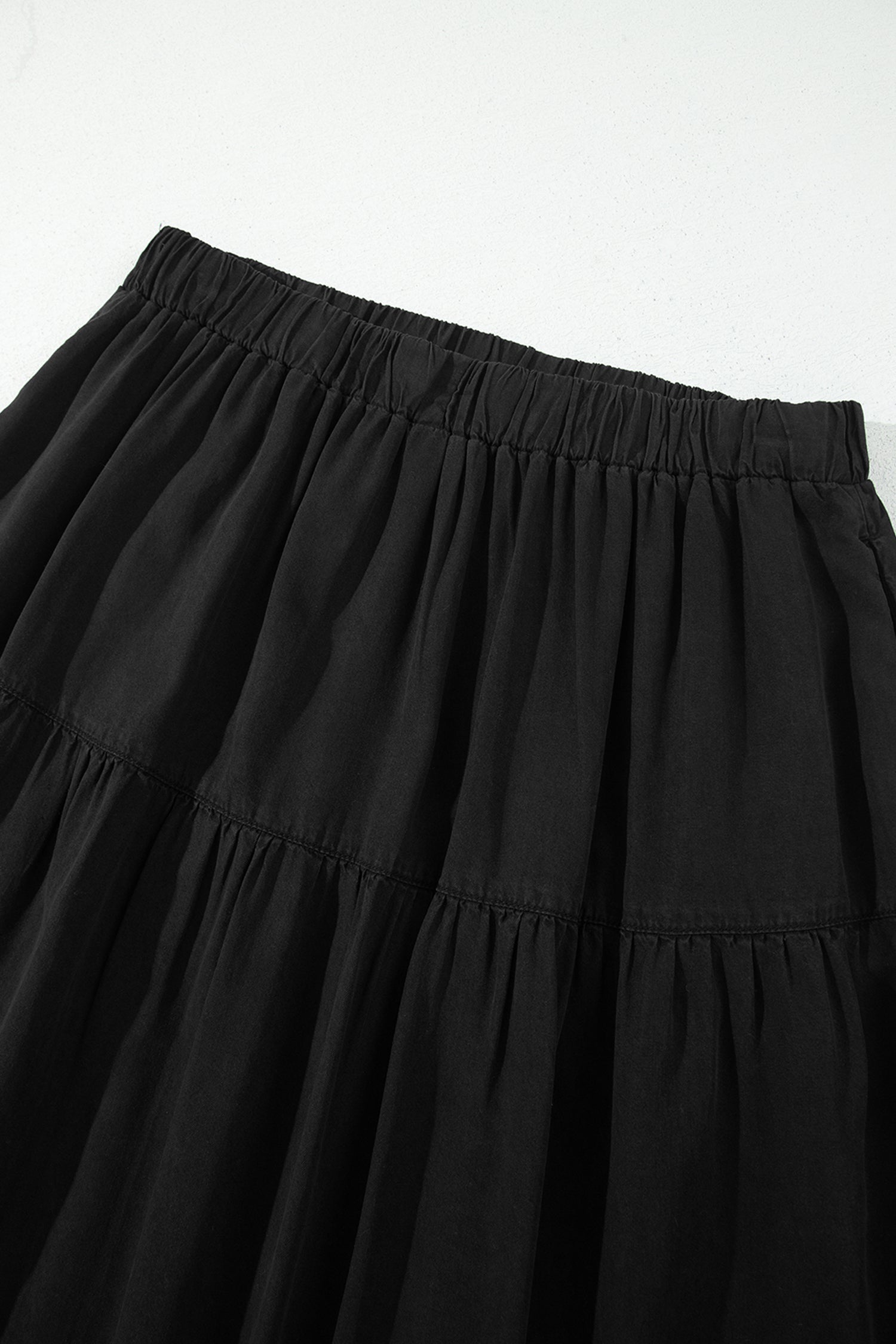 Waist Ruffled Elastic Ruffled Tiered Flared Denim Maxi Skirt in Black