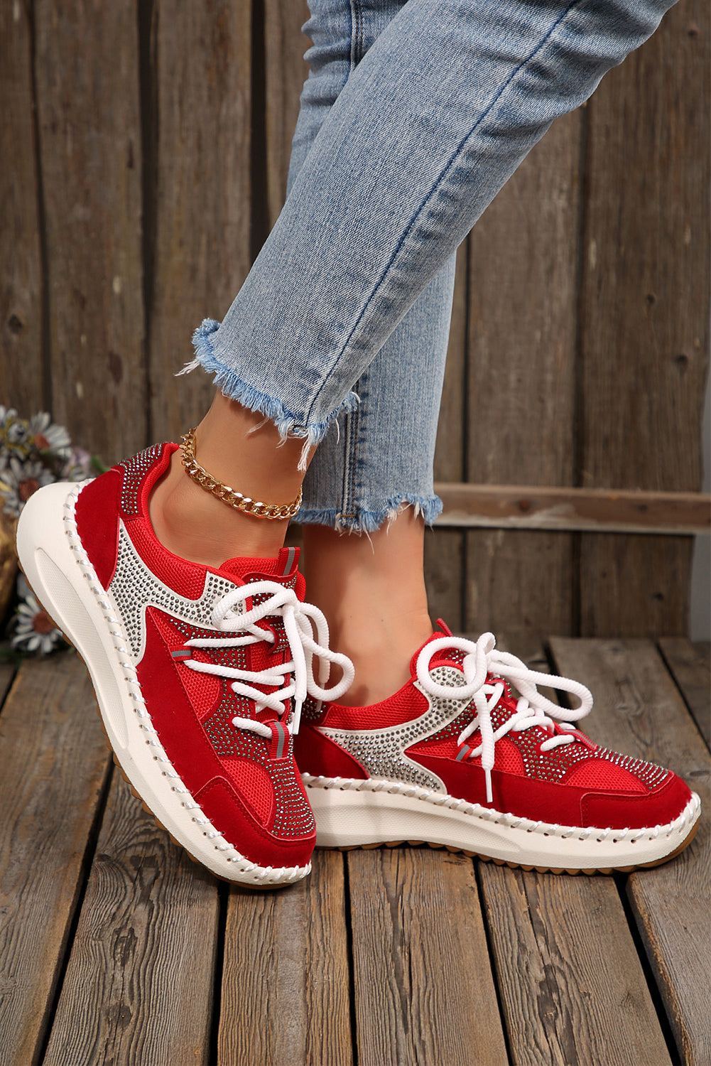 Embellished Colorblock Rhinestone Colorblock Patchwork Lace-up Breathable Sneakers Style