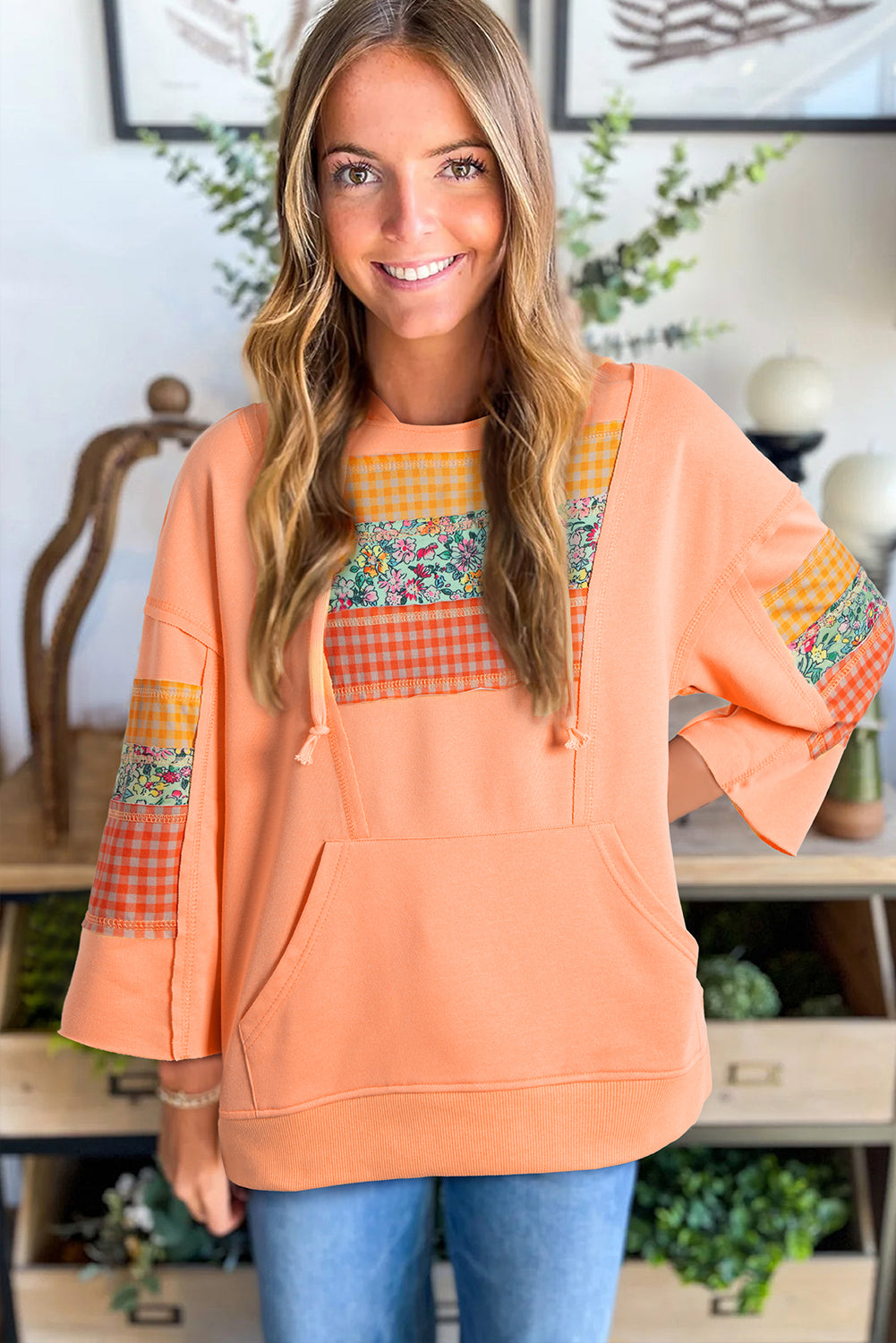 Plaid Floral Patchwork Kangaroo Pocket Hooded Long-Sleeved Top