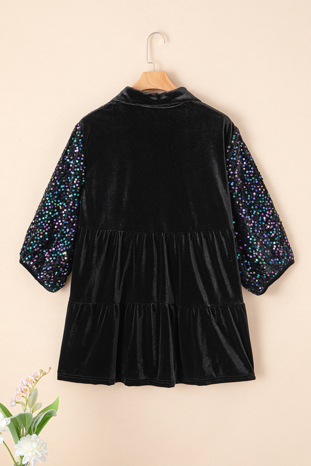 Chemise Péplum En Velours Boutonnée À Manches Bouffantes Et Sequins