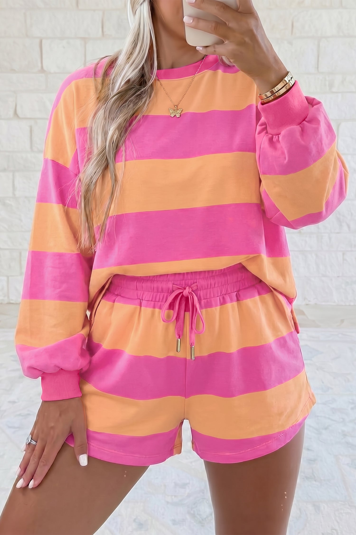 Stripe Top Long-Sleeved Everyday Drawcord Shorts 2-Piece Outfit in Pink