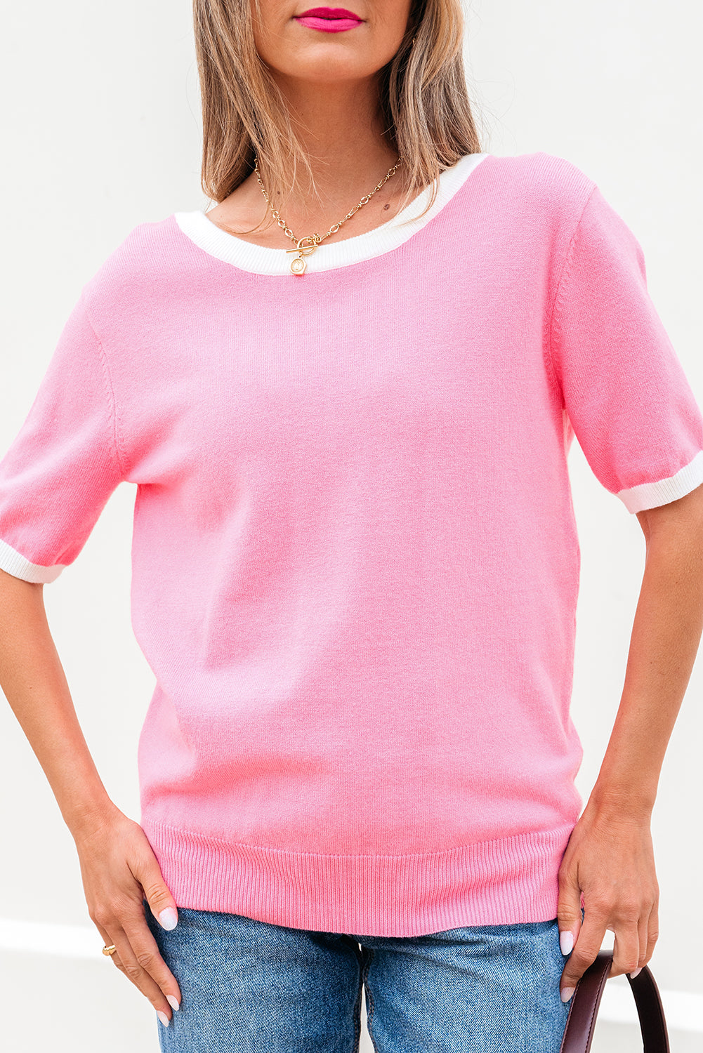 Pink Colorblock Bow V-Shape Cut Back Short Sleeve Sweater