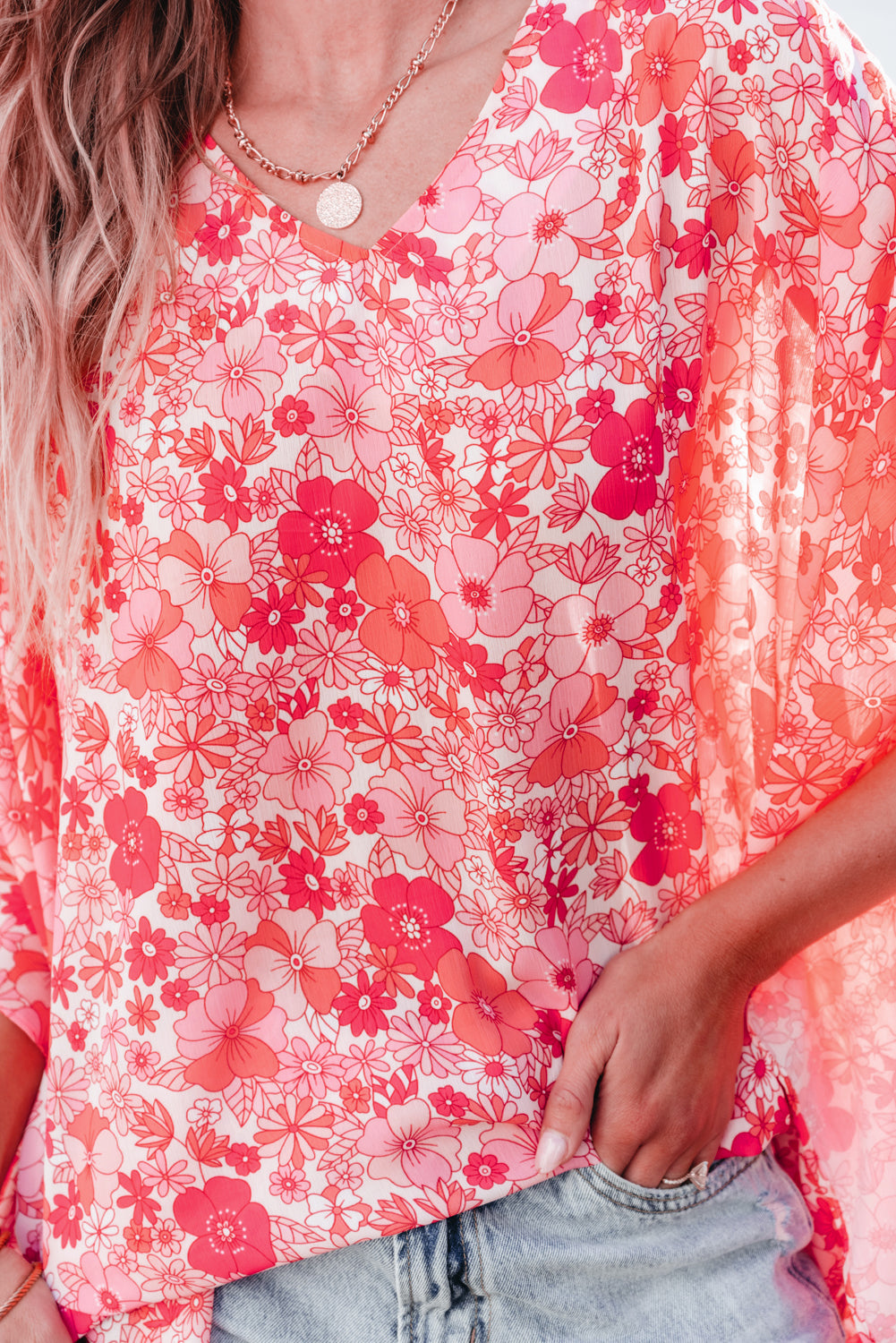 Blouse for Women V Neck Kimono Style Bohemian Floral-Print