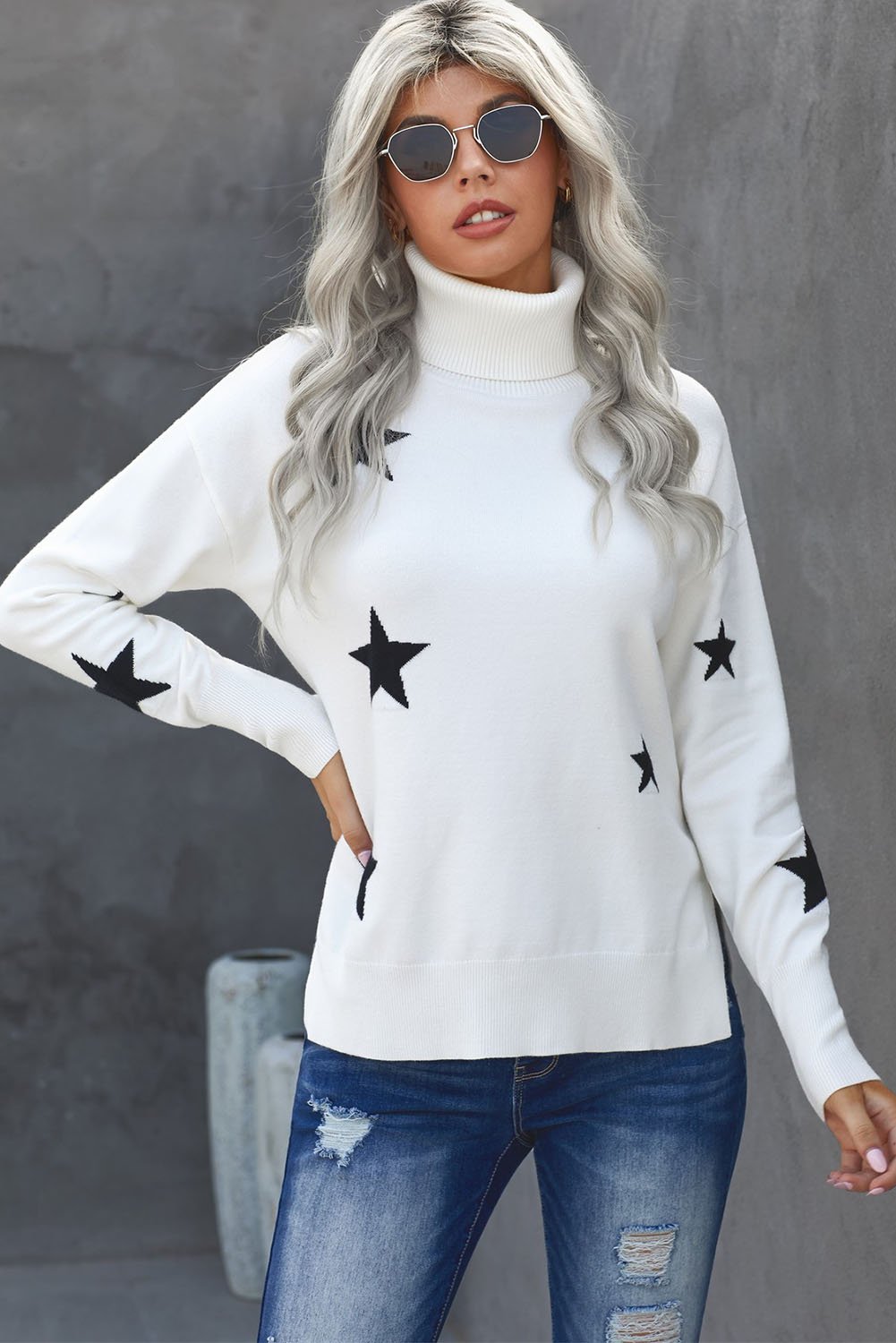 Women's Sweater with Star Print Turtleneck
