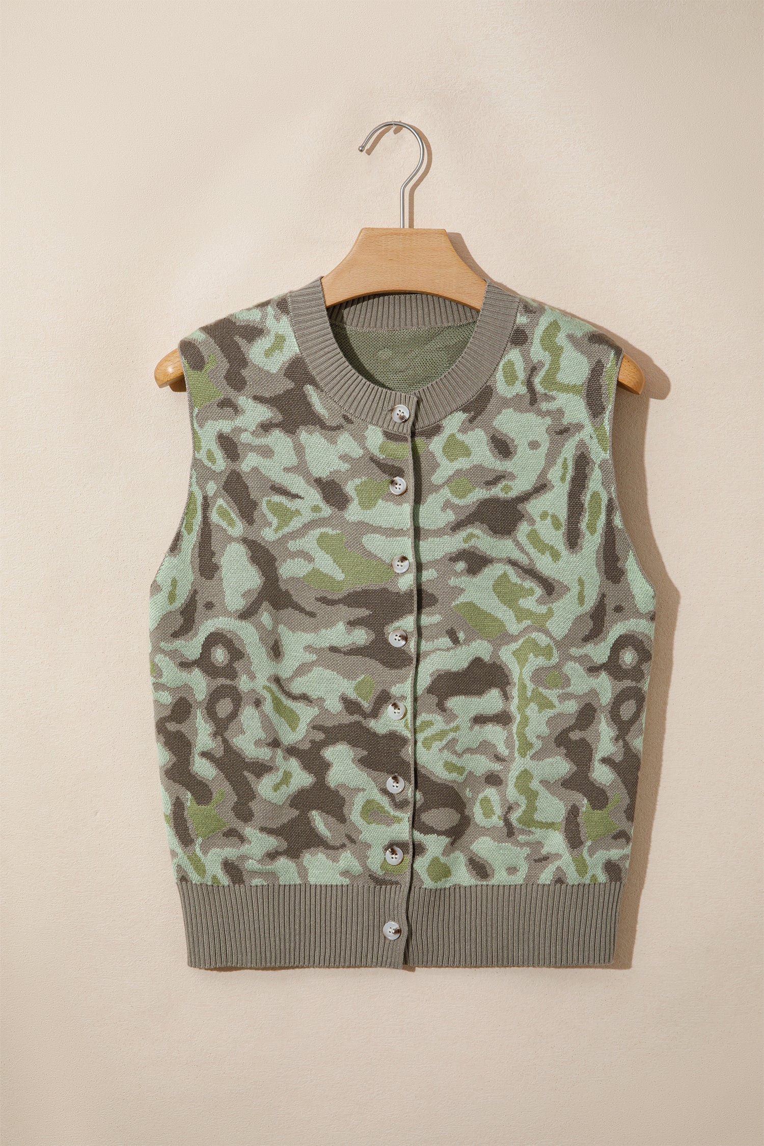 Camo Front Print Button Loose Knit Top Vest in Green