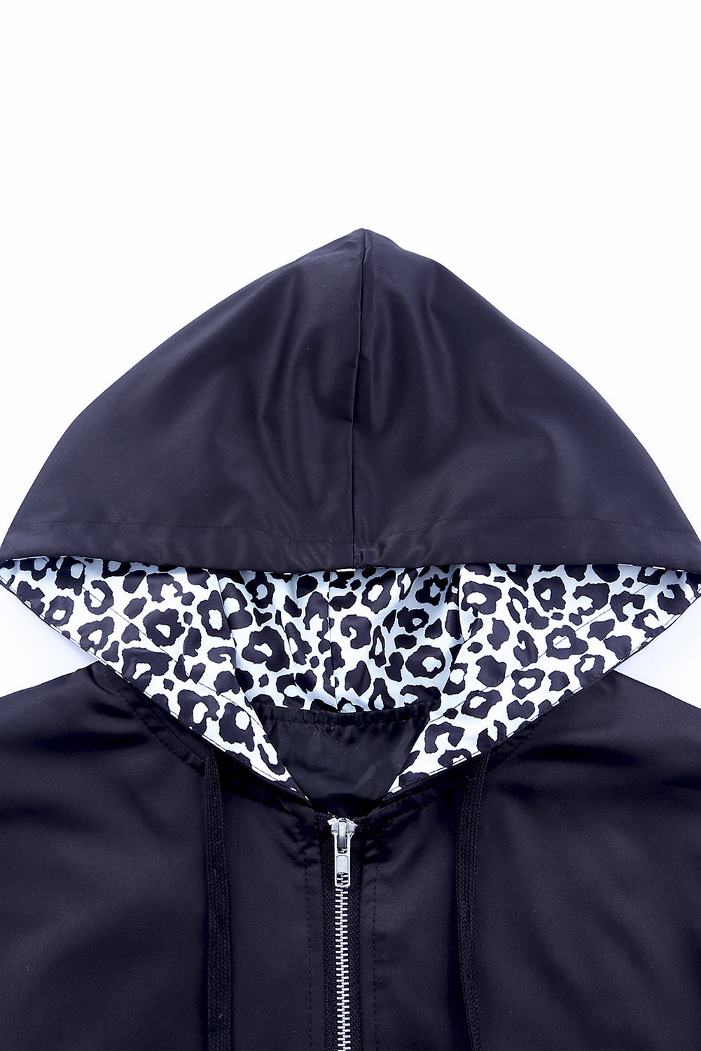 Women's Jacket with Color-Block Pockets Black Zip-Front Hooded Leopard-Print