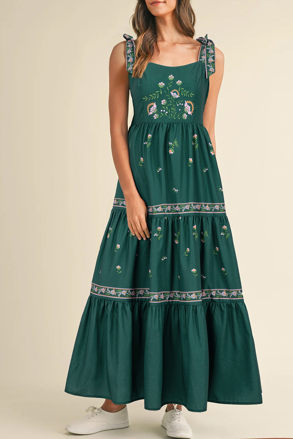 Floral Smocked Back Tied Straps Tiered Maxi Dress