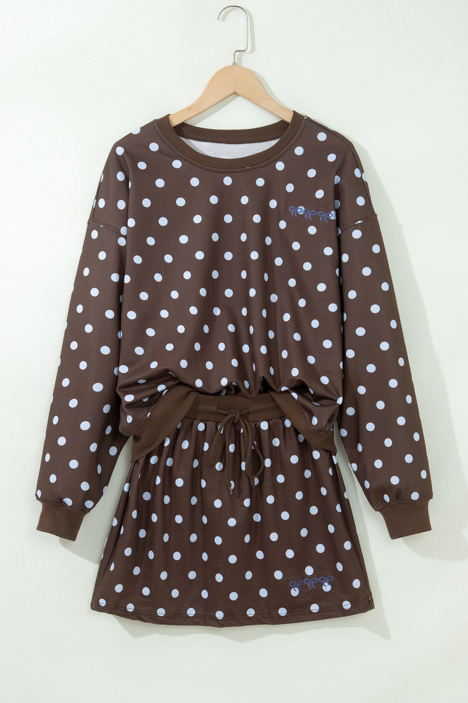 Pullover Embroidered Polka-Dot Embroidered Bow Detail 2pcs Skort Set in Brown