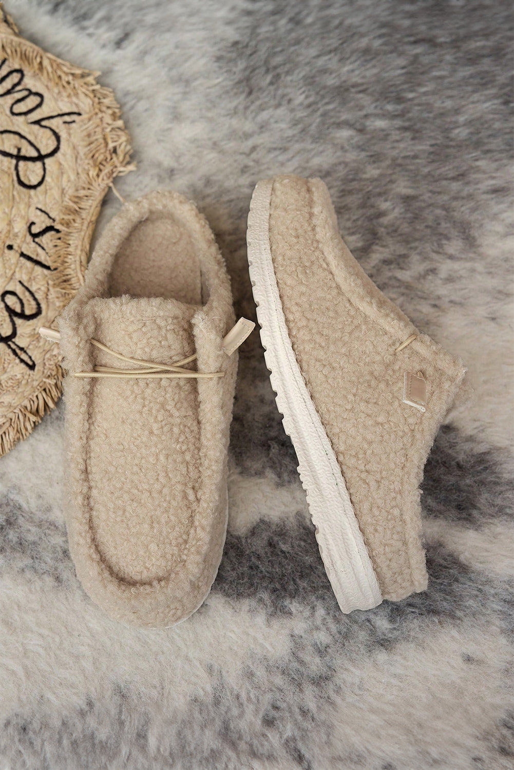 Up Detail Lace Detail Slip On Sherpa Shoes