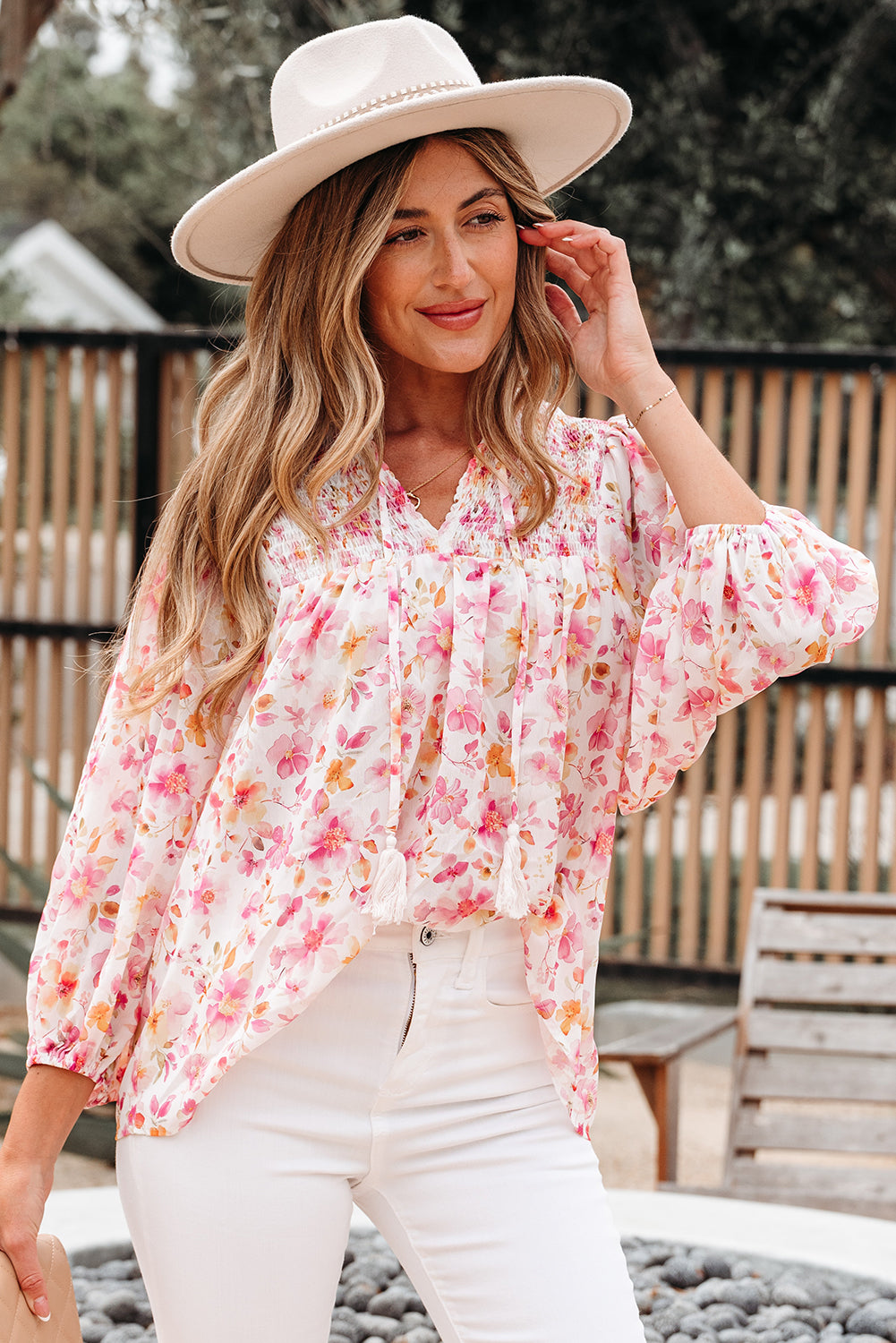Floral-Print Smocked Tassel Tie V-Neck Puff Sleeve Tunic Blouse