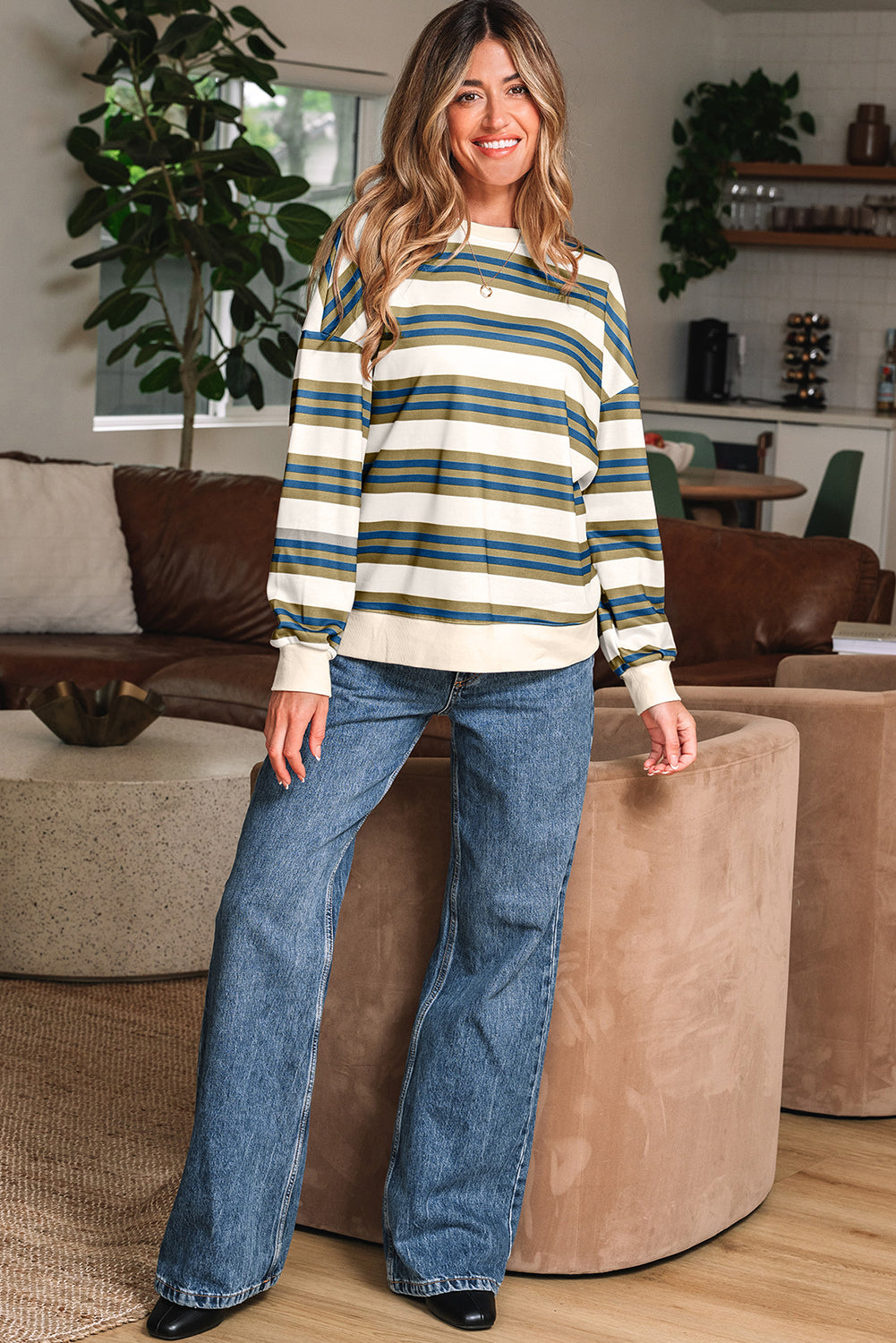 Crew-Neck Drop-Shoulder Pullover Sweatshirt