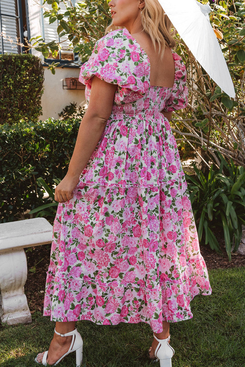 Smocked Dainty Floral Puff Sleeve Flowy Long Dress