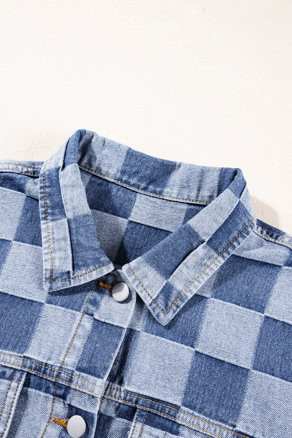 Checkered Denim Patchwork Button-Front Jacket in Light Blue
