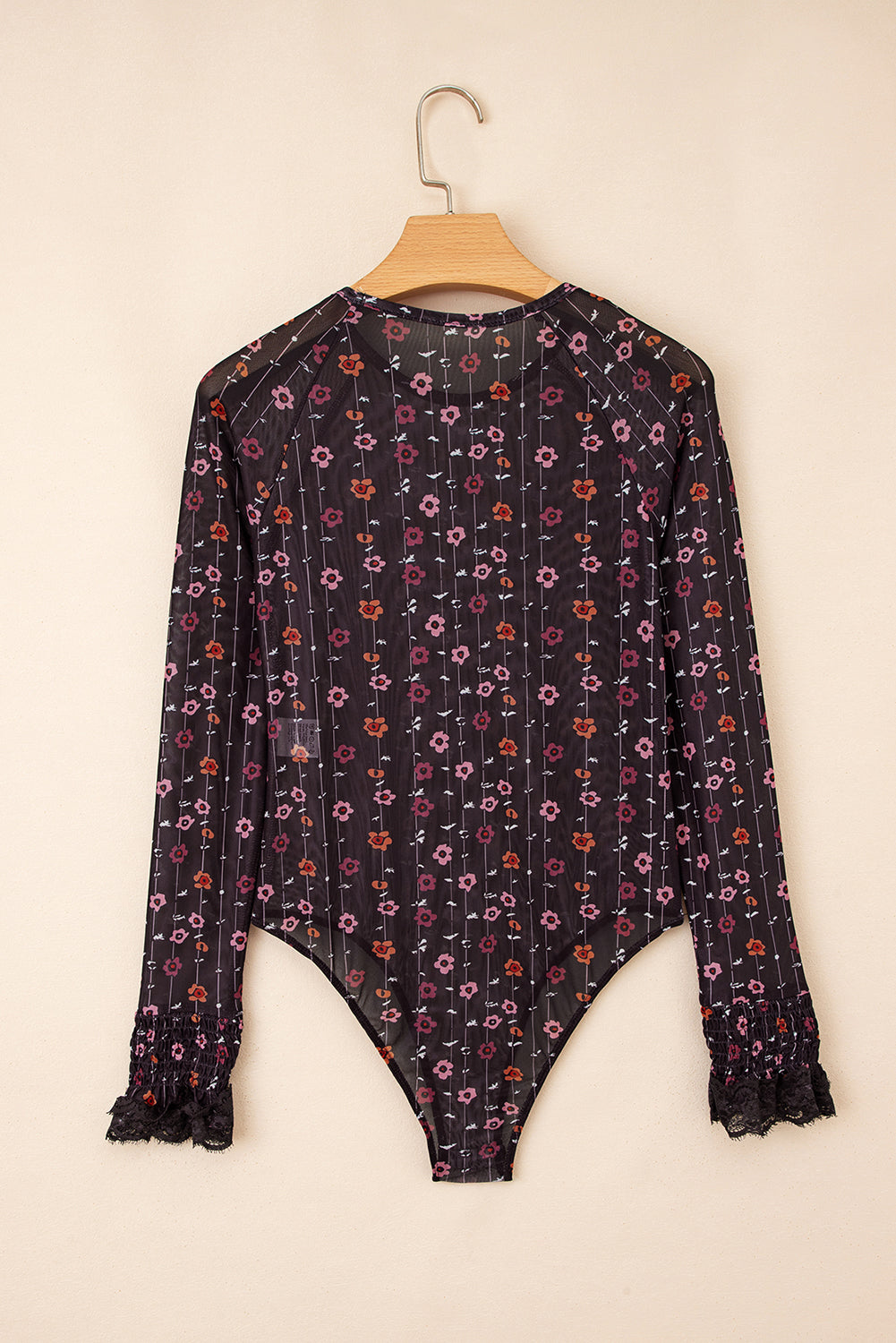 Smocked Cuff Floral-Print Cuff Slim Fit Mesh Bodysuit