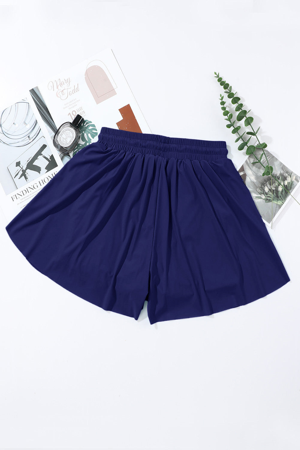 Drawcord Elastic Waist Lined Ruffle Shorts Bikini Bottom in Navy Blue