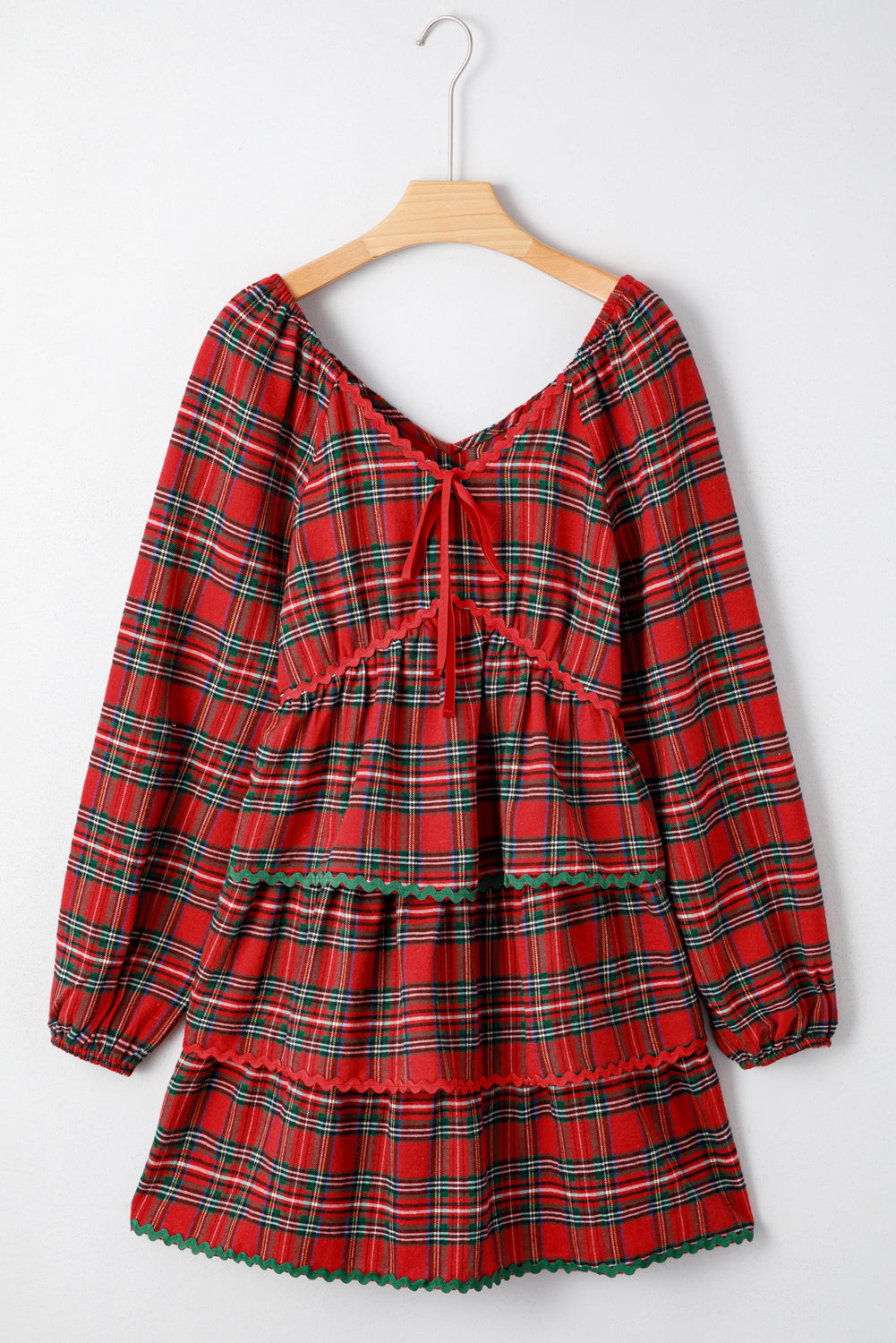 Ricrac Plaid Print Tiered Bubble Sleeve Mini Dress in Red