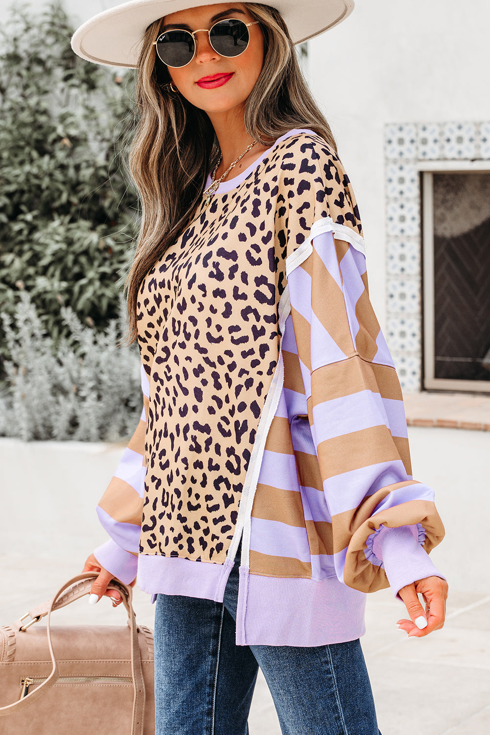 Leopard Colorblock Patchwork Everyday Sweatshirt with Slits