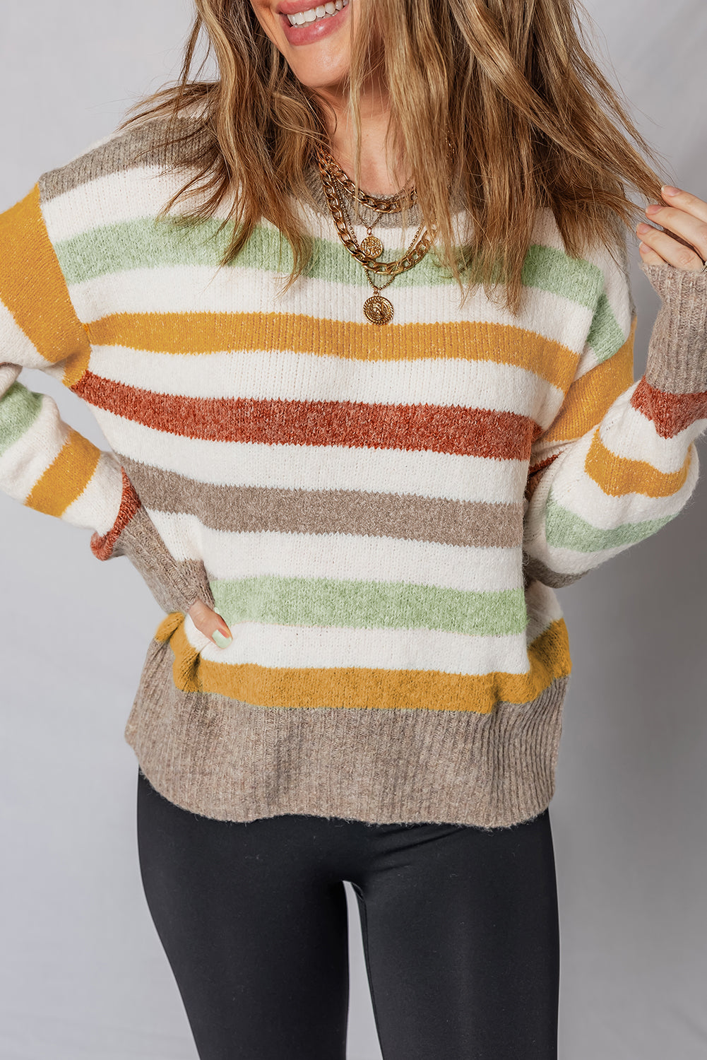 Stripe Drop-Shoulder Crew-Neck Knit Top