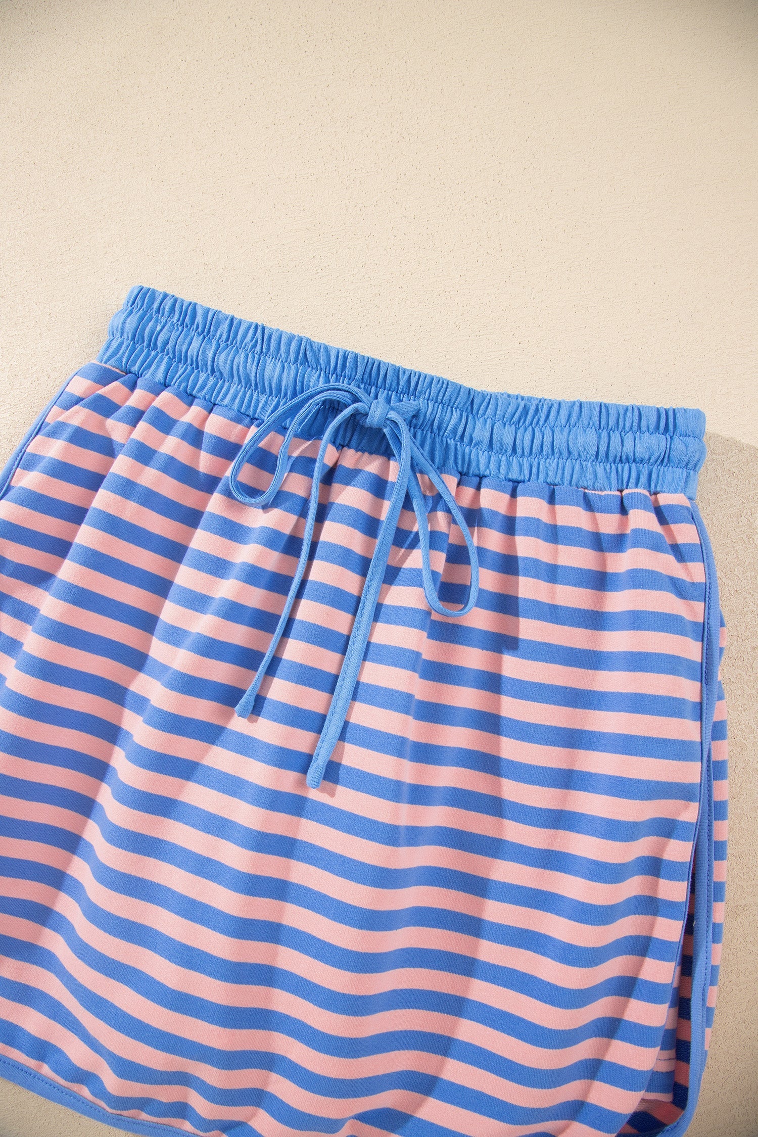 Stripe Long-Sleeved Easy-Fit Pullover Drawcord Mini Skort 2-Piece Outfit in Blue