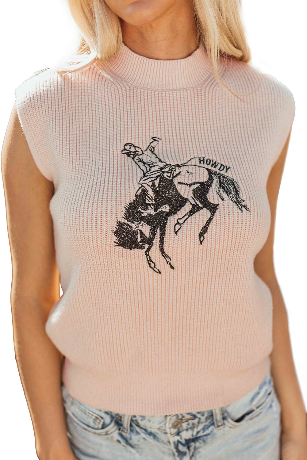 Cowboy HOWDY Rodeo Graphic High Neck Short-Sleeved Knit Top
