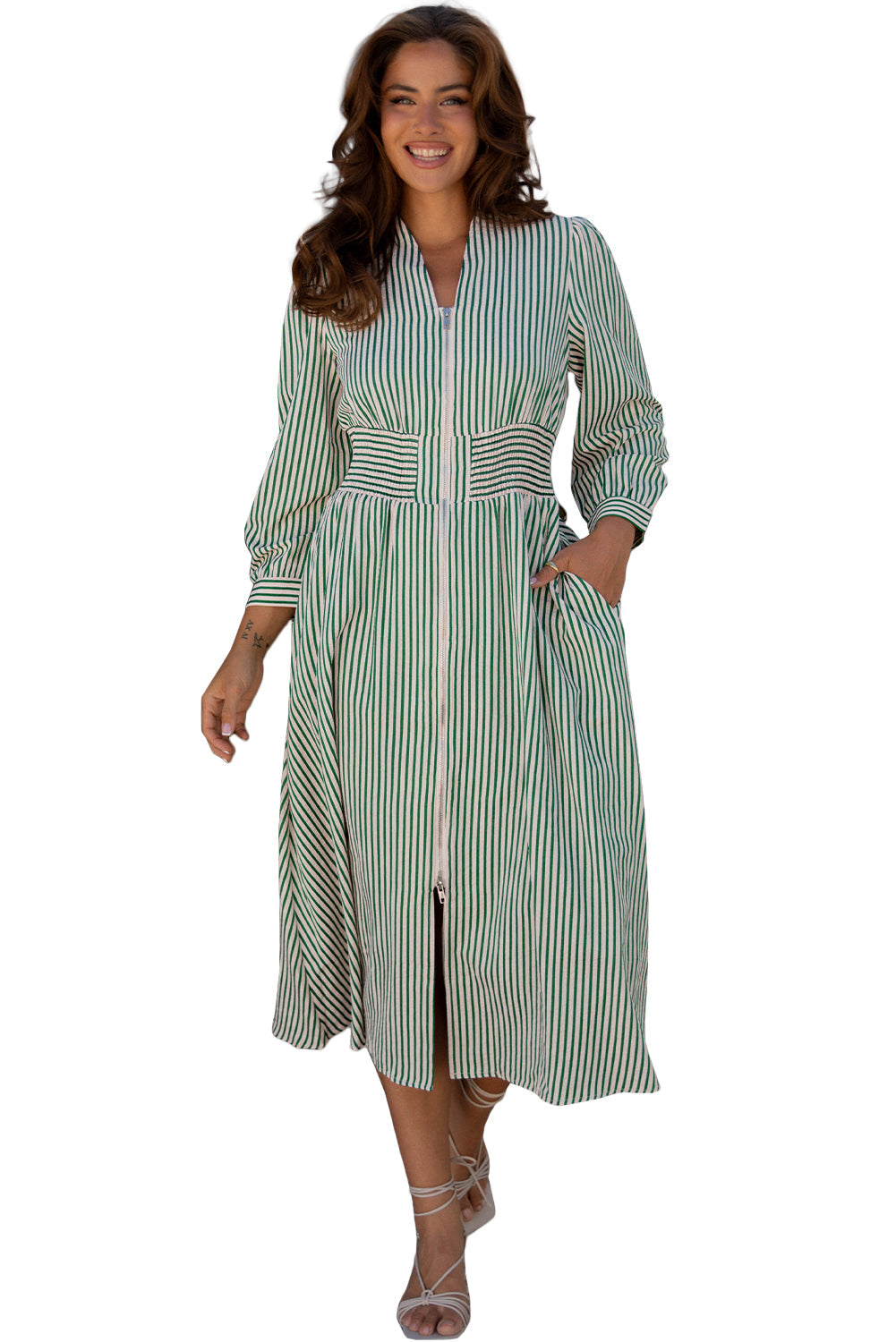 Front V-Neck Zip Cinched High-Waisted Midi Dress