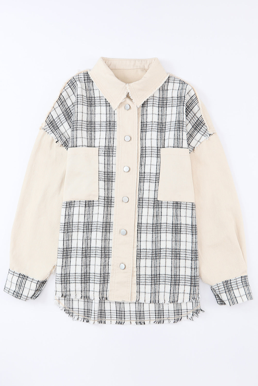 Women's Distressed Raw Edge Plaid Patchwork Denim Jacket