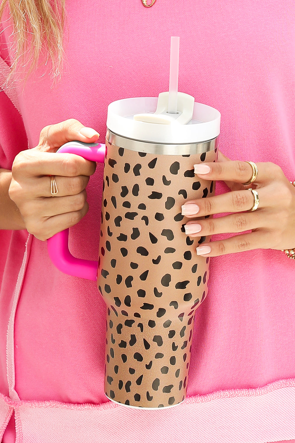 Handled Leopard Printed Cup with Straw 40oz