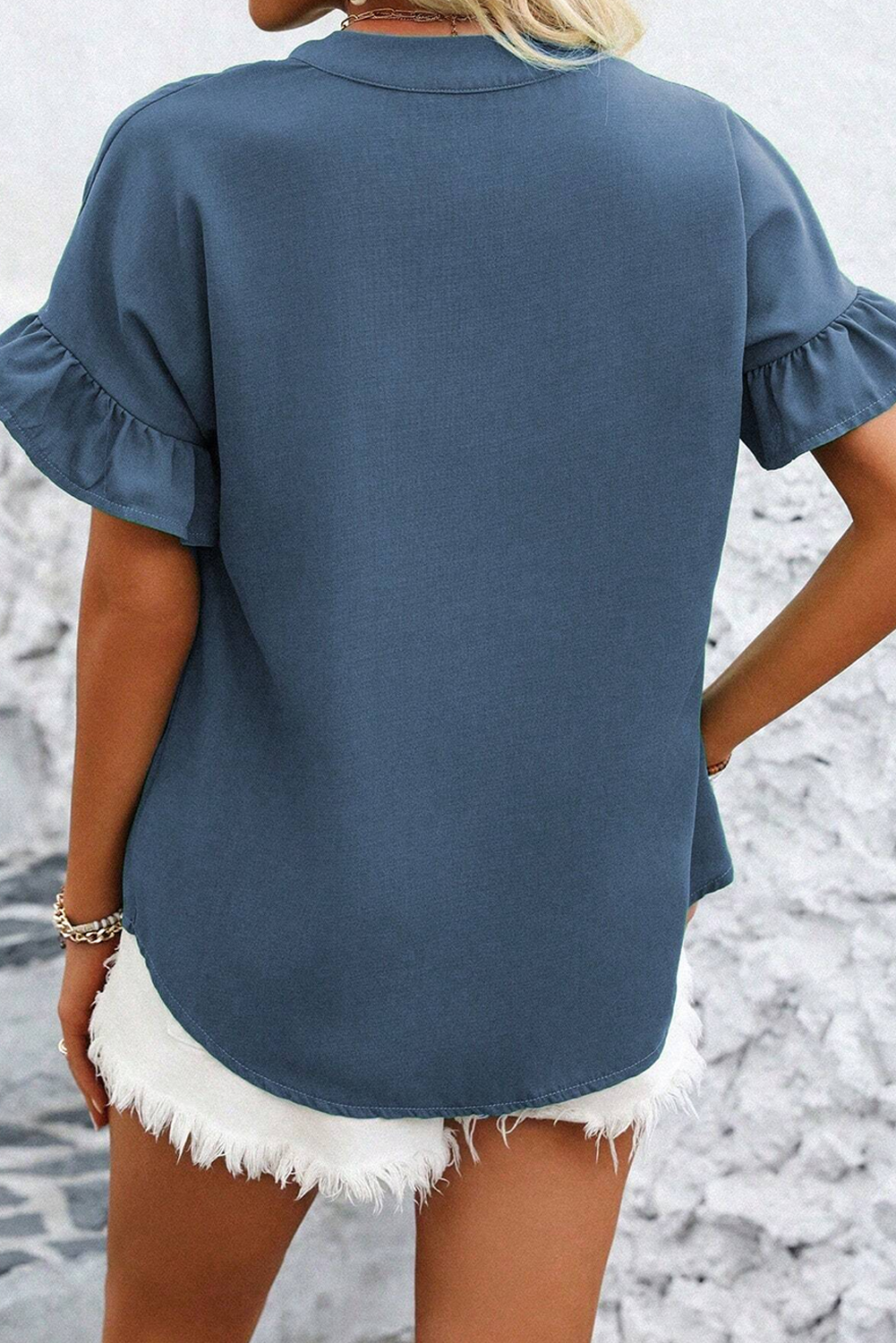 Ruffle Ruched Solid Ruched Short-Sleeved Button-Front Shirt