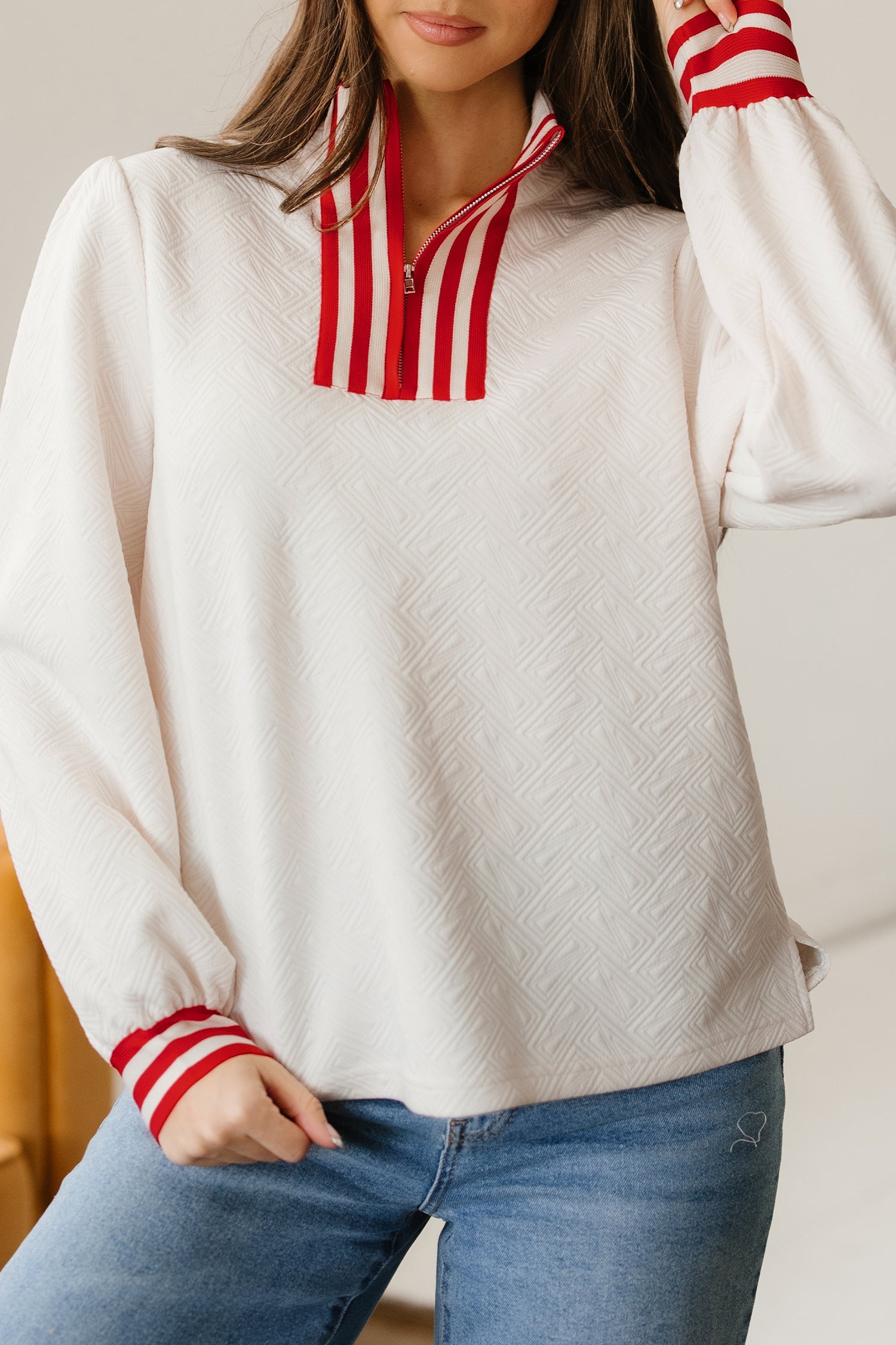Contrast Textured Knit Striped Accent Zip Collar Pullover Top