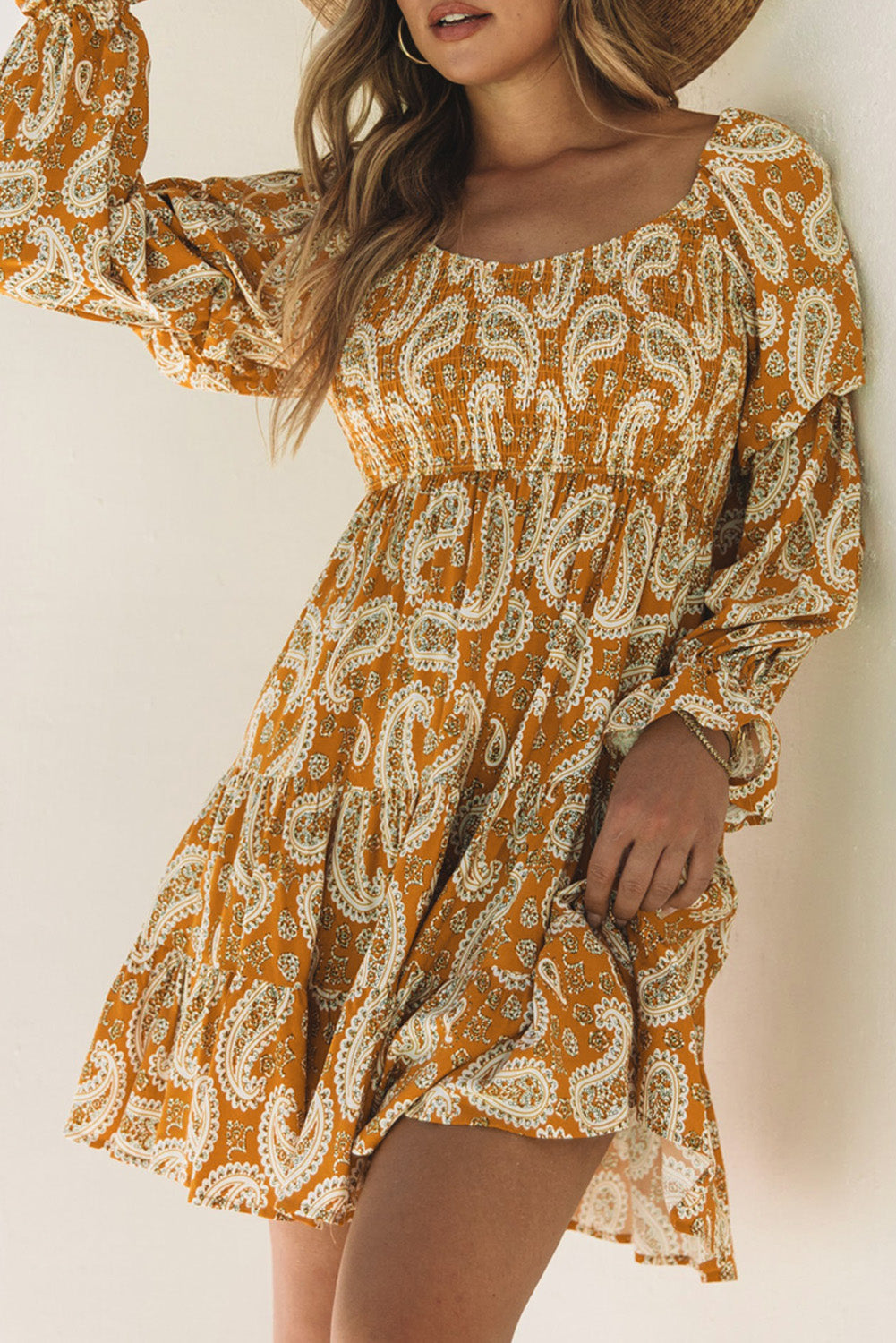 Robe florale jaune à manches longues Boho Paisley