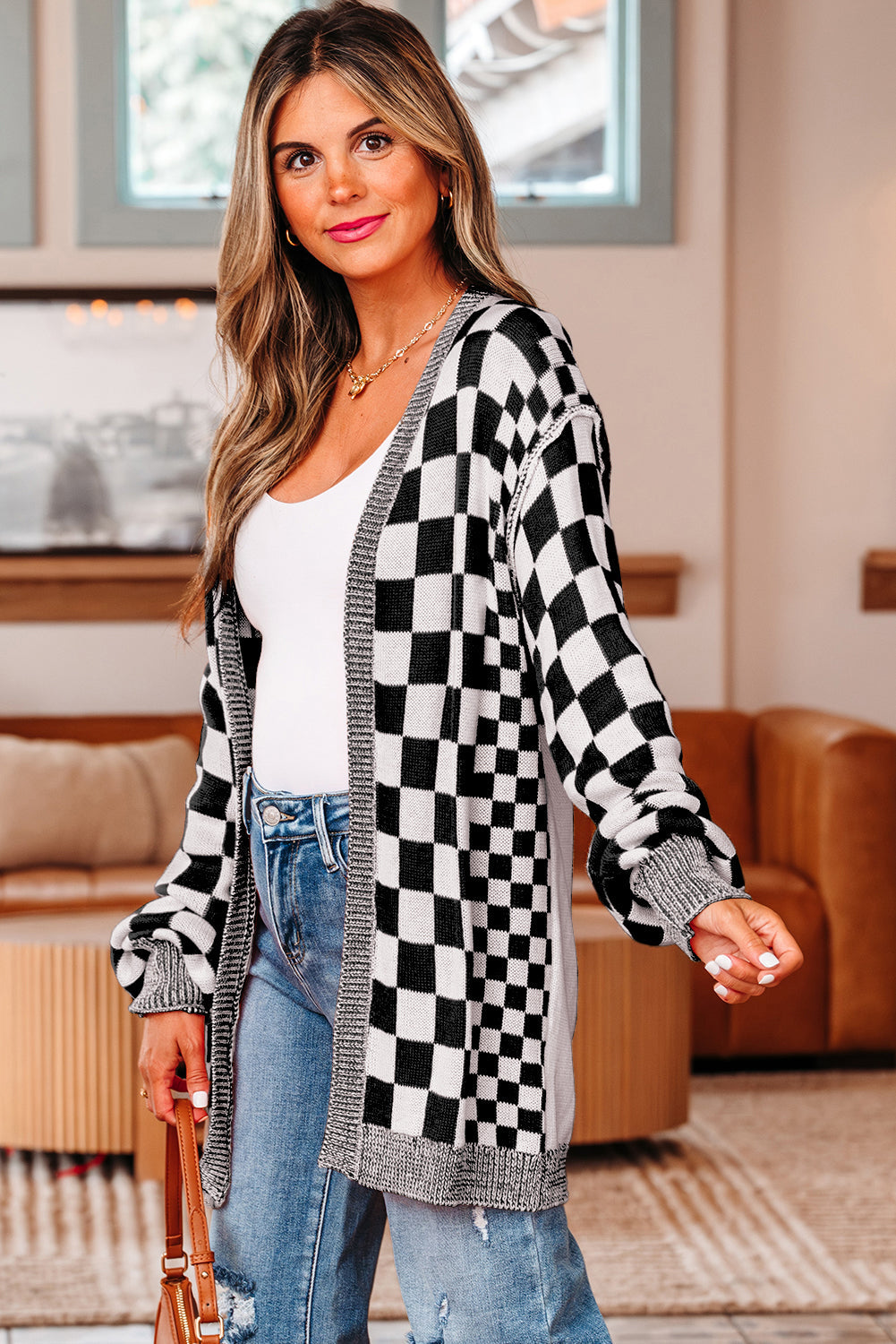 Checkered Open-Front Drop-Shoulder Cardigan in Black