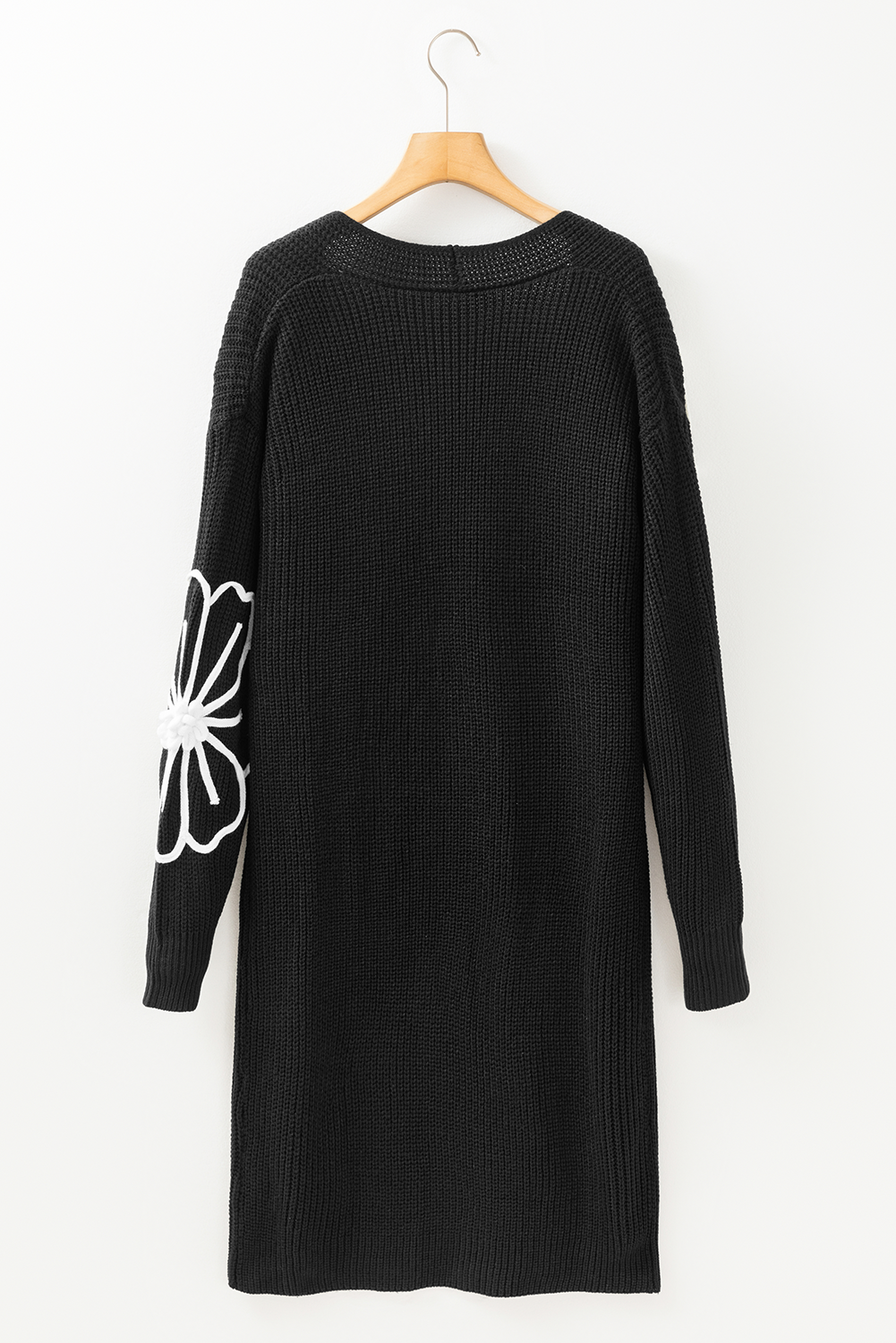 Open-Front Flower Embroidered Duster Cardigan in Black
