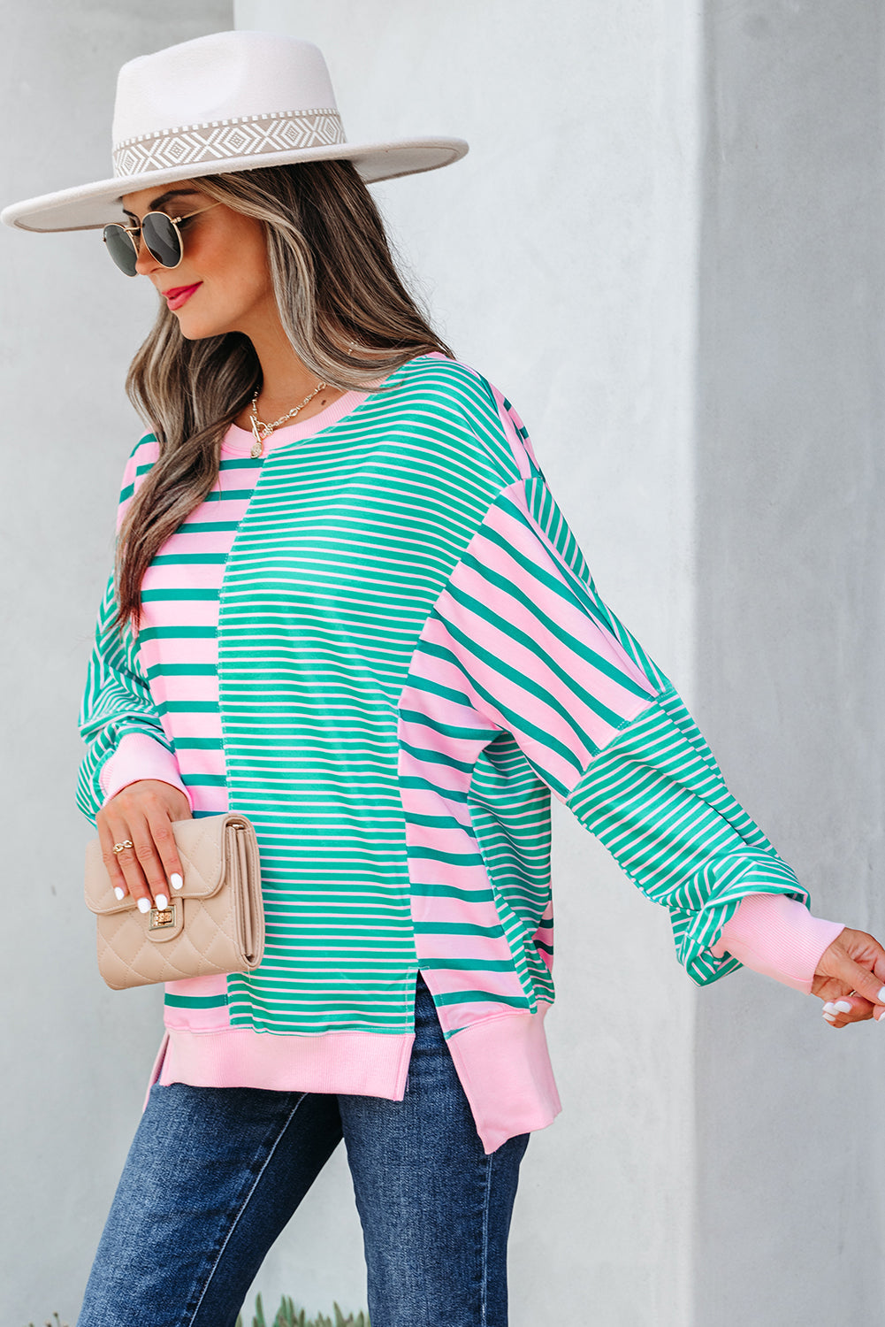 Colorblock Mix Pattern Patchwork Side Slit Baggy Sweatshirt